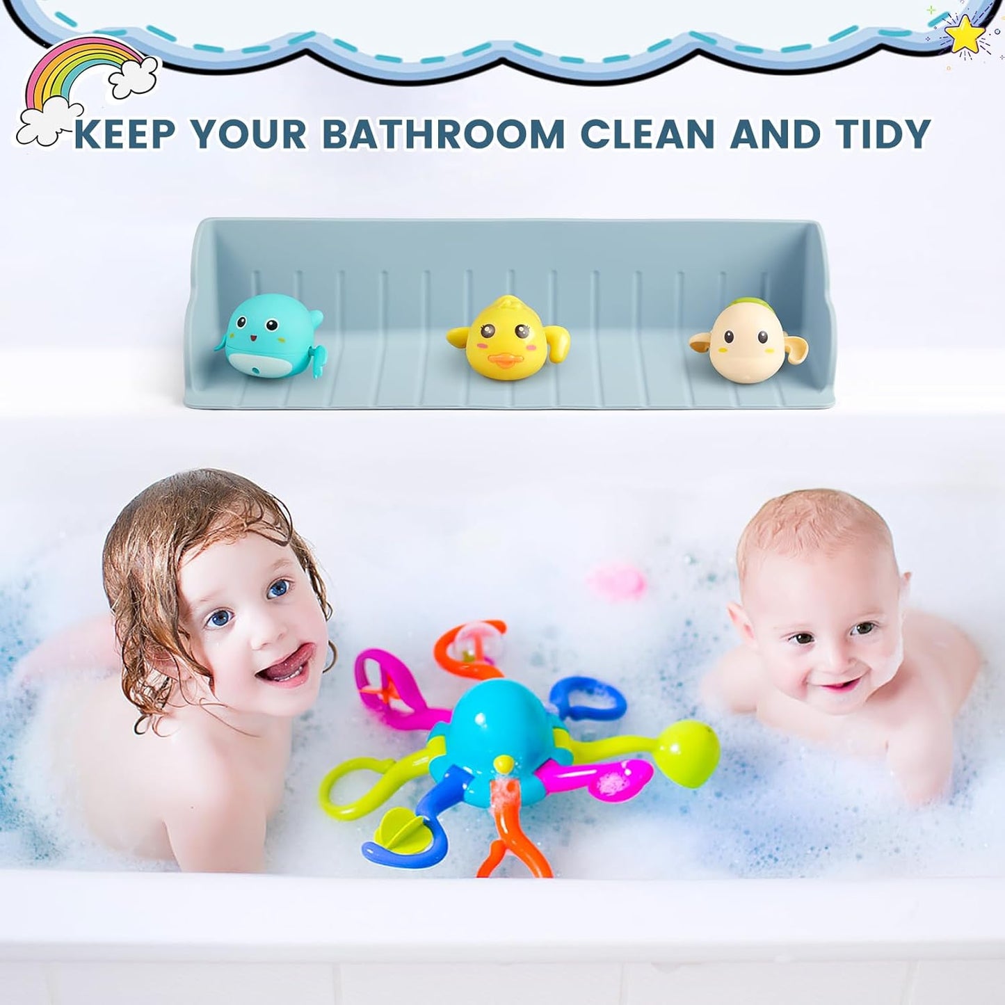 Bathtub Splash Guard for Tub, Silicone Bathtub Caddy Tray with Play Shelf, Kids Bath Tub Shelf and Organizer for Baby Bath Toys, Bath Toy Holder, Toddler Bathtub Accessories(Classic Blue)
