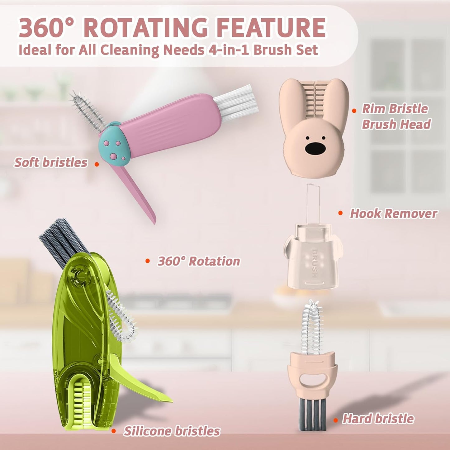 Cup Lid Cleaning Brush, Multifunctional Set with 3 in 1 Lid Cleaner and Two 4 in 1 Cup Lid Cleaning Brushes, Cleaning Brush Tool for Bottles, Straws, Tumblers, Travel Mug Caps, Portable Kit (Pink)
