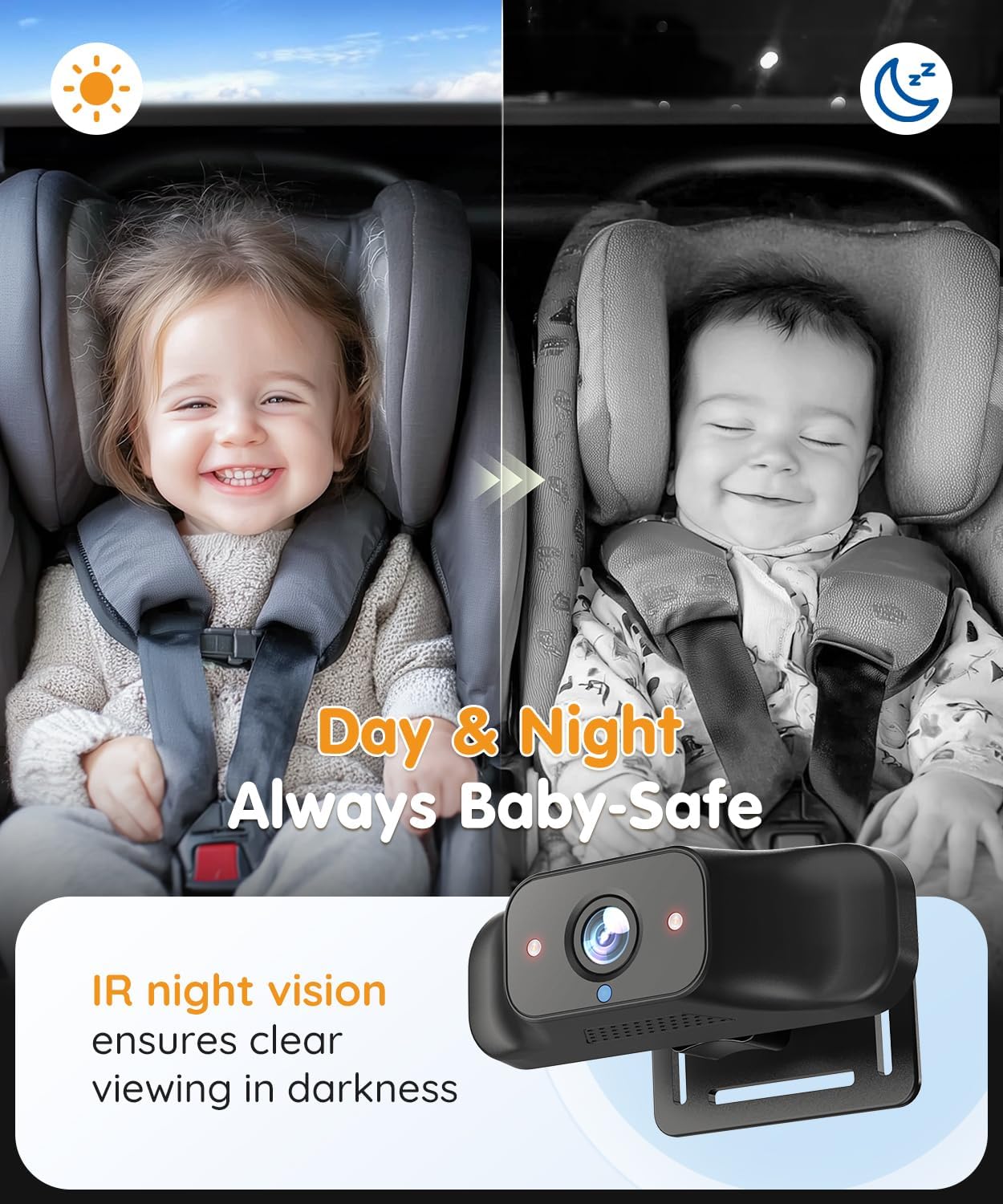 Babyvue BC1 Baby Car Camera, 4.5" 1080P HD Screen & 3X Zoom, AUTO IR Night Vision Car Baby Monitor with Adjustable Brightness, 2-Min Easy Install Car Seat Camera for Babies & Pets to Drive Safely