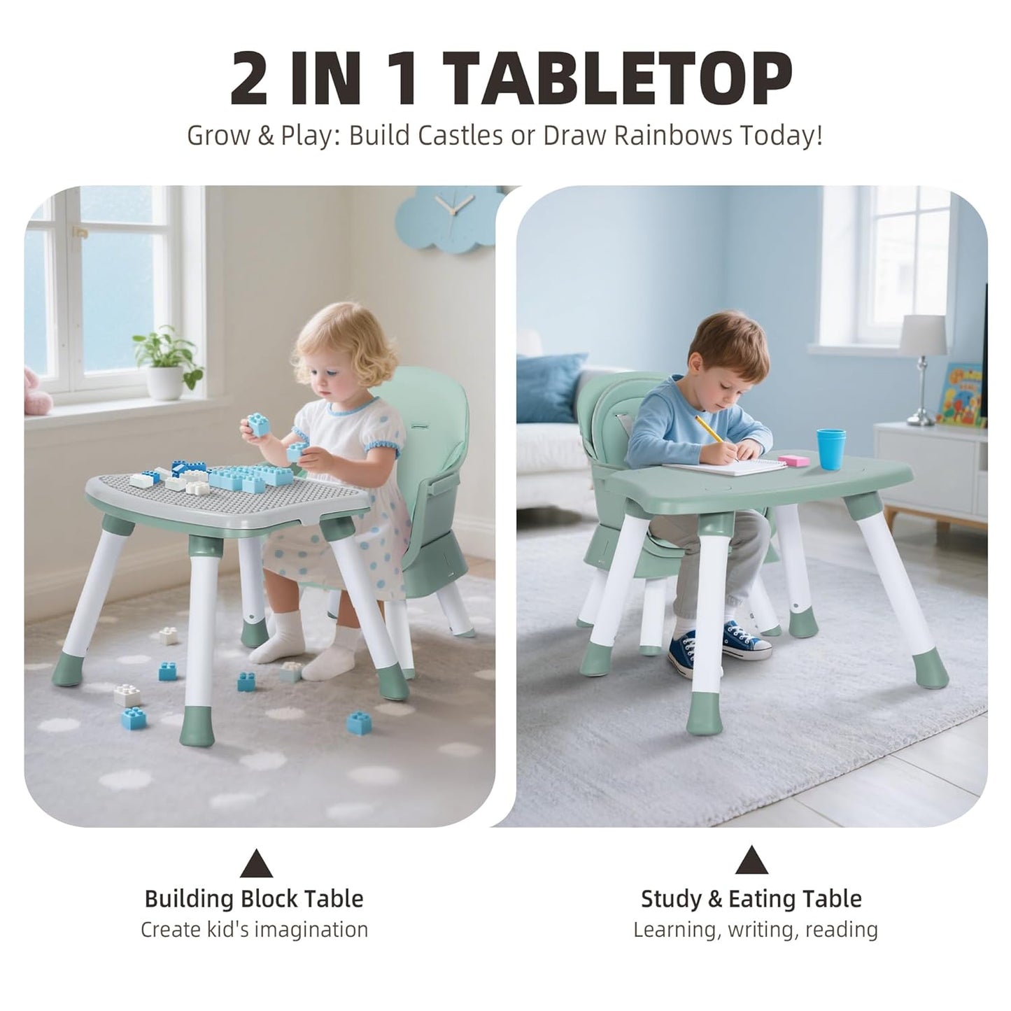 8 in 1 Baby Highchair, Convertible High Chair for Babies and Toddlers, Booster Seat w/5-Point Safety Belt, Toddler Building Block Table, Dishwasher Safe Tray, No Tool Install, Green