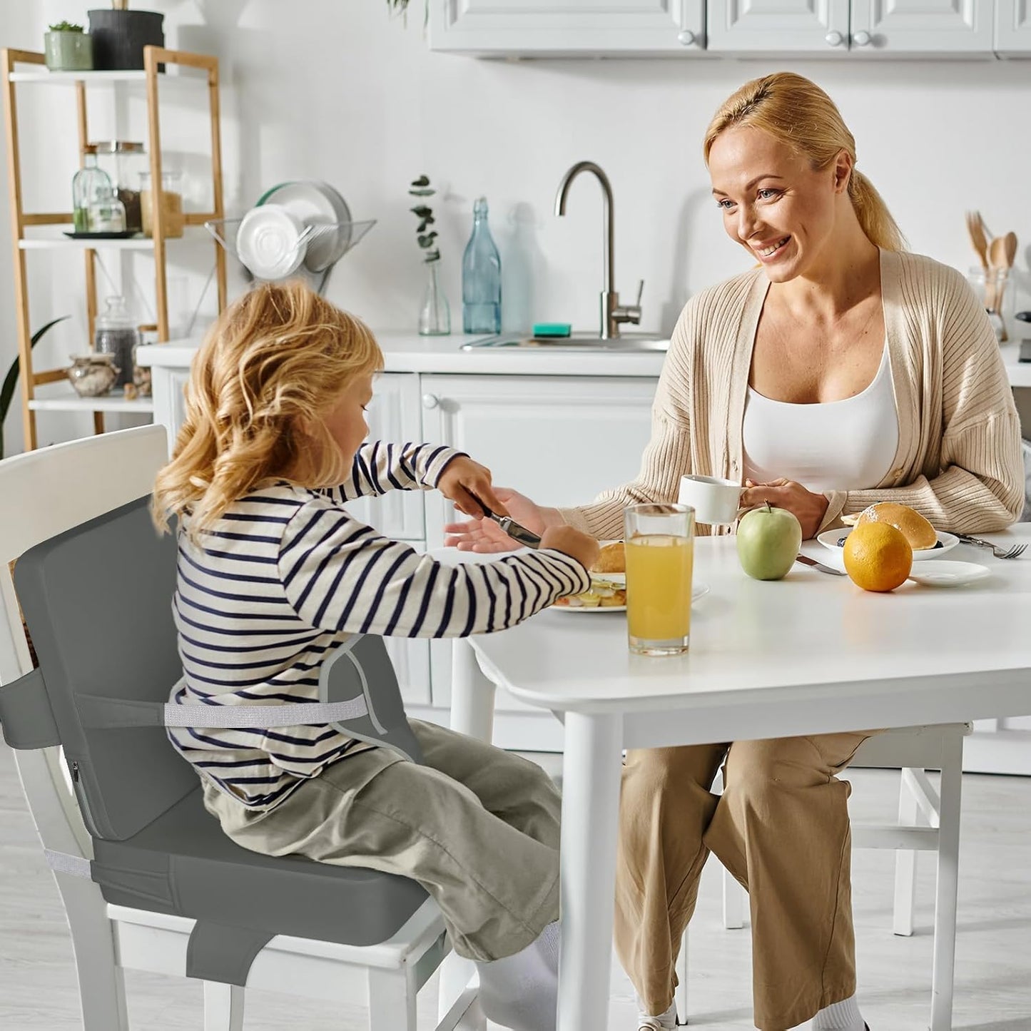 Toddler Booster Seat for Dining Table with Adjustable Straps, Kids Booster Seat for Kitchen Chair with Non-Slip Bottom, PU Anti-Scratch Portable Detachable Increasing Cushion (Dark Grey)