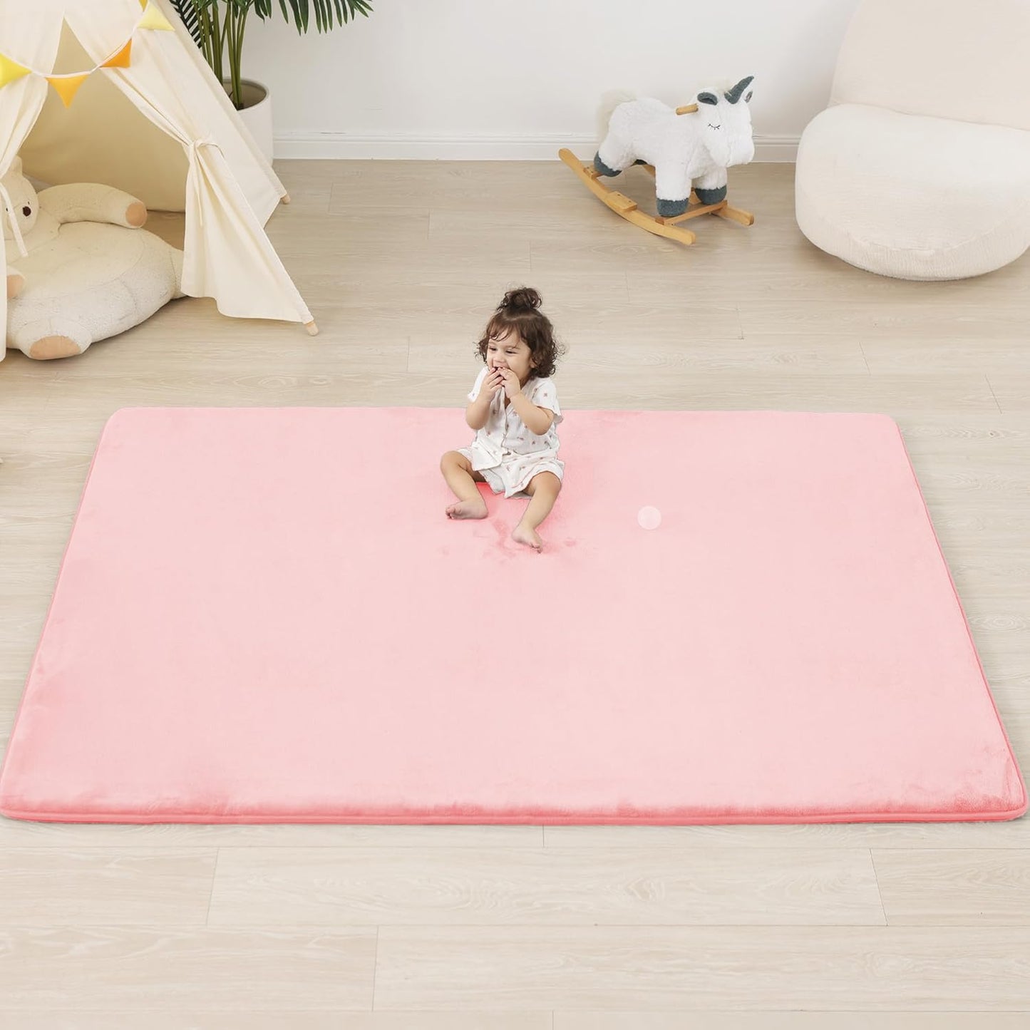 1.3" Thick Baby Floor Play Mat 59x71, Basic Padded Foam Mat for Tummy Time Crawling, Non Slip Cushioned for Babies Toddlers Infants Kids (Pink)