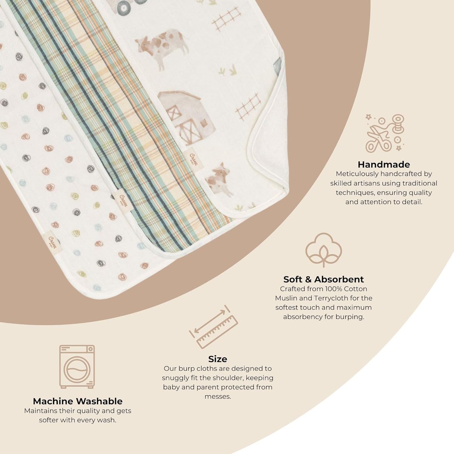 Crane Baby Burp Cloths Set, 3-pc. Charlie Farmhouse Tractor Collection, Soft 100% Cotton Muslin Burp Cloths for Baby Boys and Girls, Farm Nursery Décor