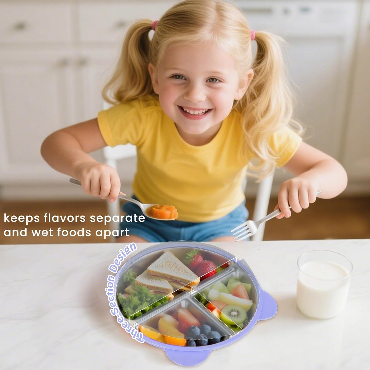 Stainless Steel Kids Plate with Suction Set of 2, 9″ Toddler Divided Plates with Removable Non Slip Silicone Sleeves, Unbreakable Baby Snack Dishes, Mess-Free Mealtime, Mint Green & Wisteria