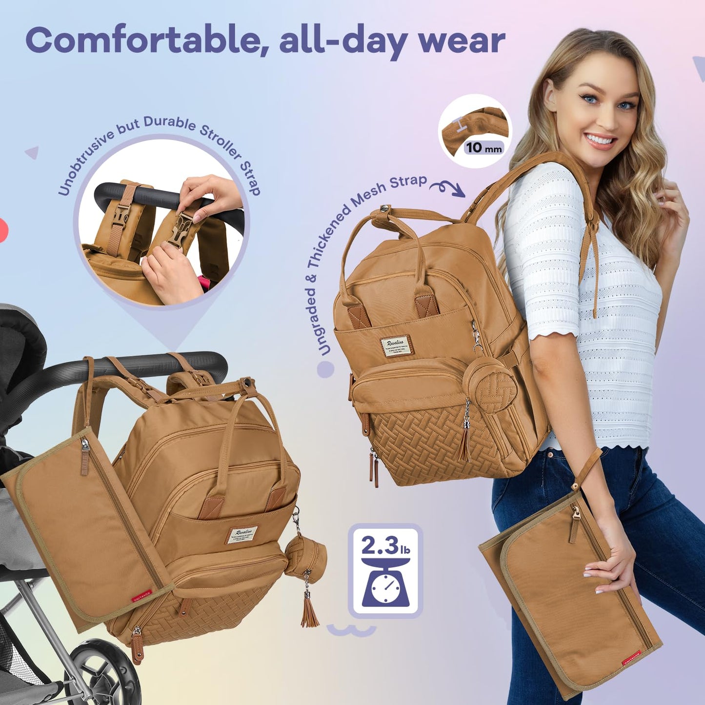 RUVALINO Diaper Bag Backpack, Multifunction Travel Pack Maternity Baby Changing Bags, Large Capacity, Waterproof, Golden Brown