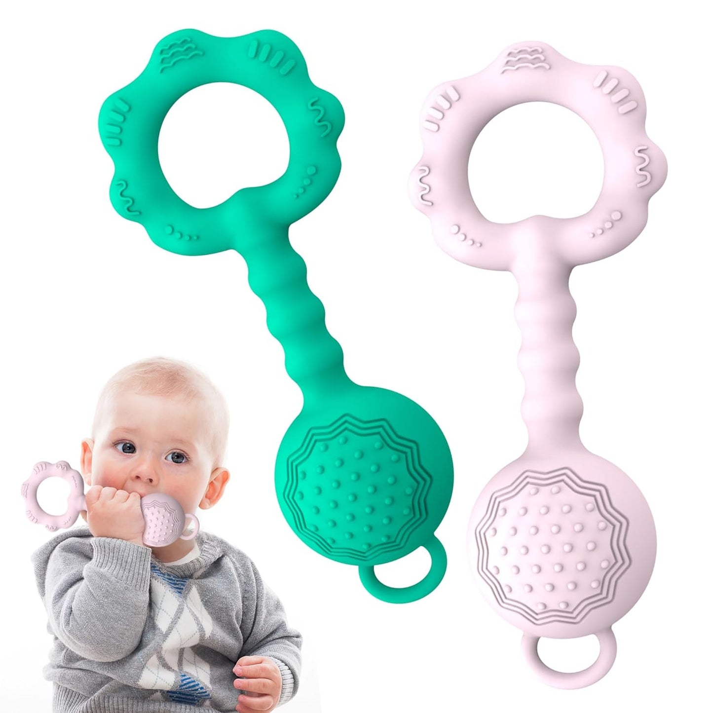2 Pcs Baby Rattle Teether, 2-in-1 Rattle and Teether Toy for Soothing Sore Gums and Keeps Little Ones Entertained, Food Grade Silicone (Spearmint+Pink)