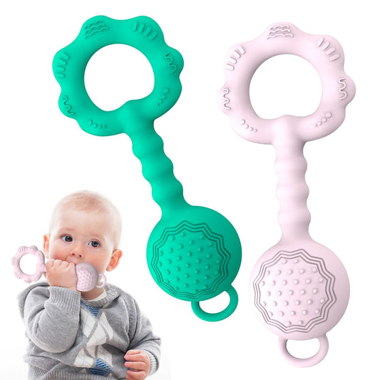 2 Pcs Baby Rattle Teether, 2-in-1 Rattle and Teether Toy for Soothing Sore Gums and Keeps Little Ones Entertained, Food Grade Silicone (Spearmint+Pink)