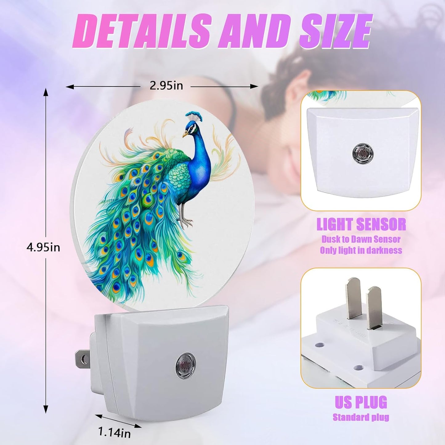 Watercolor Peacock Night Light Feather Night Lights LED Lamp Round Plug into Wall Nightlight with Dusk to Dawn Sensor Home Hallway Stairway Kitchen Decor