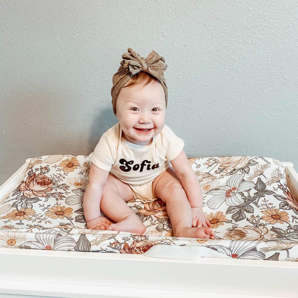 Stretchy Changing Pad Cover – Ultra Soft Diaper Changing Pad Table Sheets for Girls Boys Pure Cotton Safe and Snug Cradle Sheets Machine Washable Fit 32"/34'' x 16"Pad (Green Leaf + Flower)…