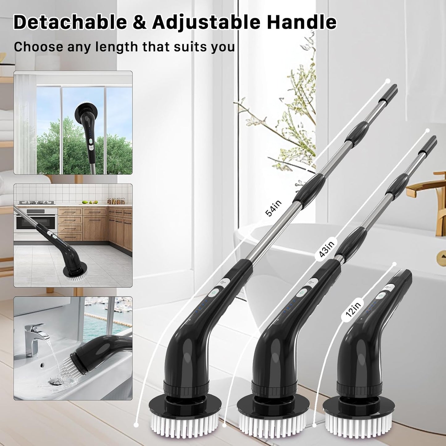 Electric Spin Scrubber, Cordless Cleaning Brush, Shower Scrubber with 7 Replaceable Brush, 2 Speeds and Adjustable Extension Handle for Bathroom Shower Bathtub Glass Car(Black)