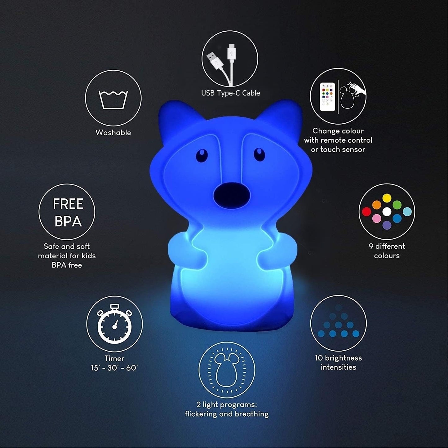Large Fox Night Lights for Kids, Silicone Night-Light, Bedside lamp, 9 Colors Baby Sleep Light Children's Bed Bedroom Lamp for Toddlers/Boys/Girls/Adults/Bedroom/Outdoor/Camping/Gift - Large