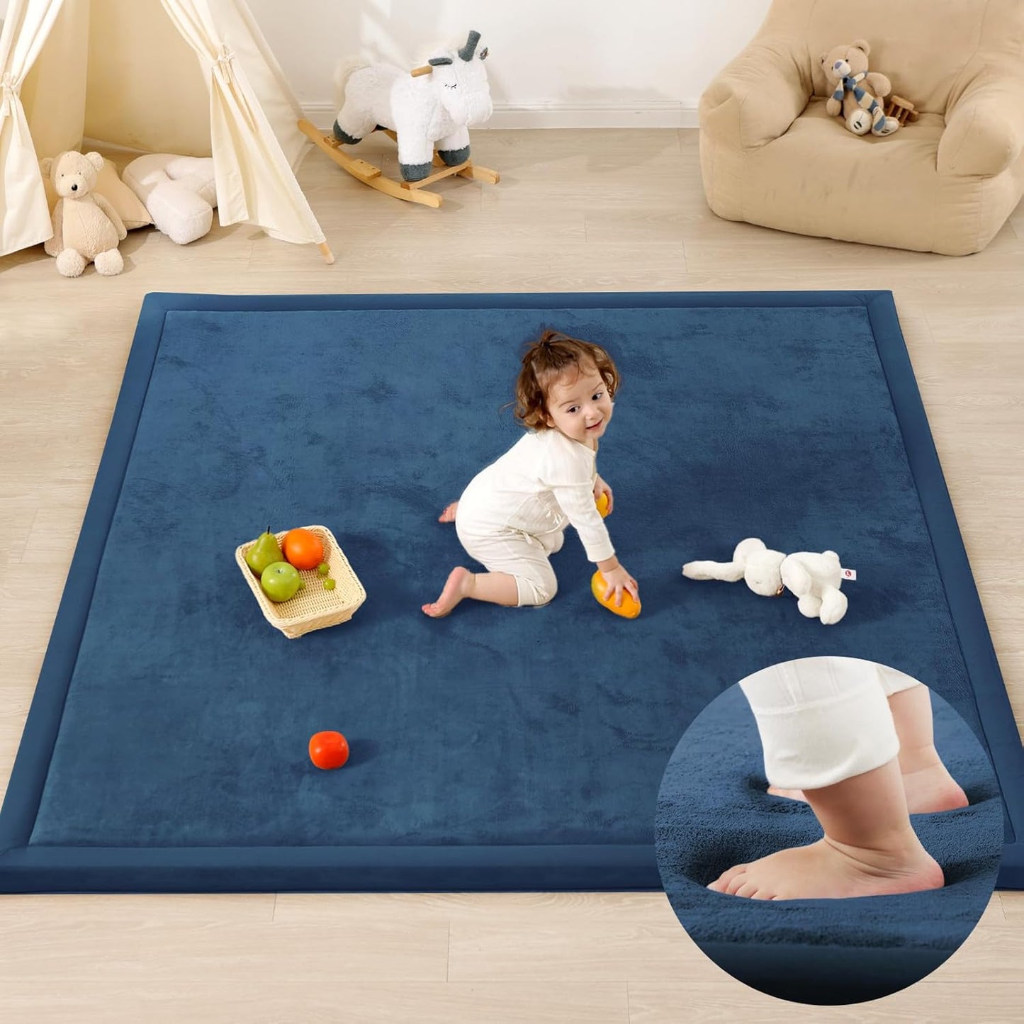 1.3" Thick Baby Play Mat for Floor Playpen, 50x50 Foam Tummy Time Mat, Padded Support Soft Plush Nursery Rug for Infant Kids Toddler Crawling Kick Activity (Royal Blue)