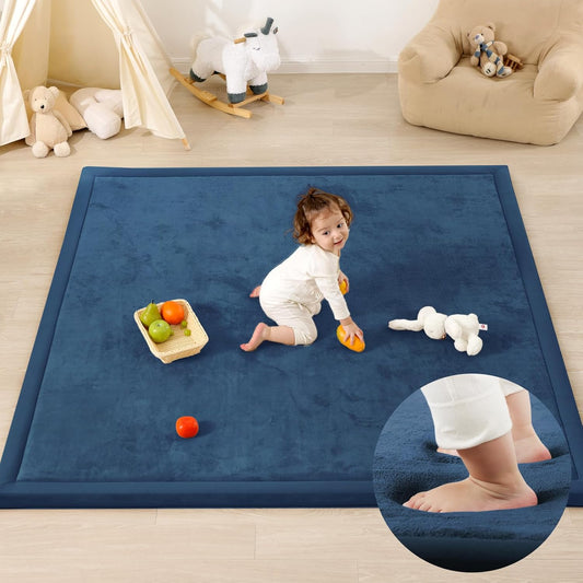 1.3" Thick Baby Play Mat for Floor Playpen, 50x50 Foam Tummy Time Mat, Padded Support Soft Plush Nursery Rug for Infant Kids Toddler Crawling Kick Activity (Royal Blue)