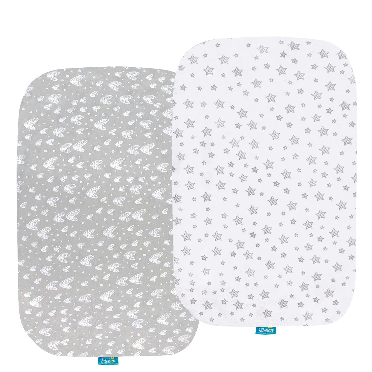 Bassinet Sheets Compatible with AirClub, GoFirst and MiClassic Bassinet Bedside Sleeper, 2 Pack,100% Jersey Knit Cotton Fitted Sheets, Mild Grey Hearts and White Stars Print