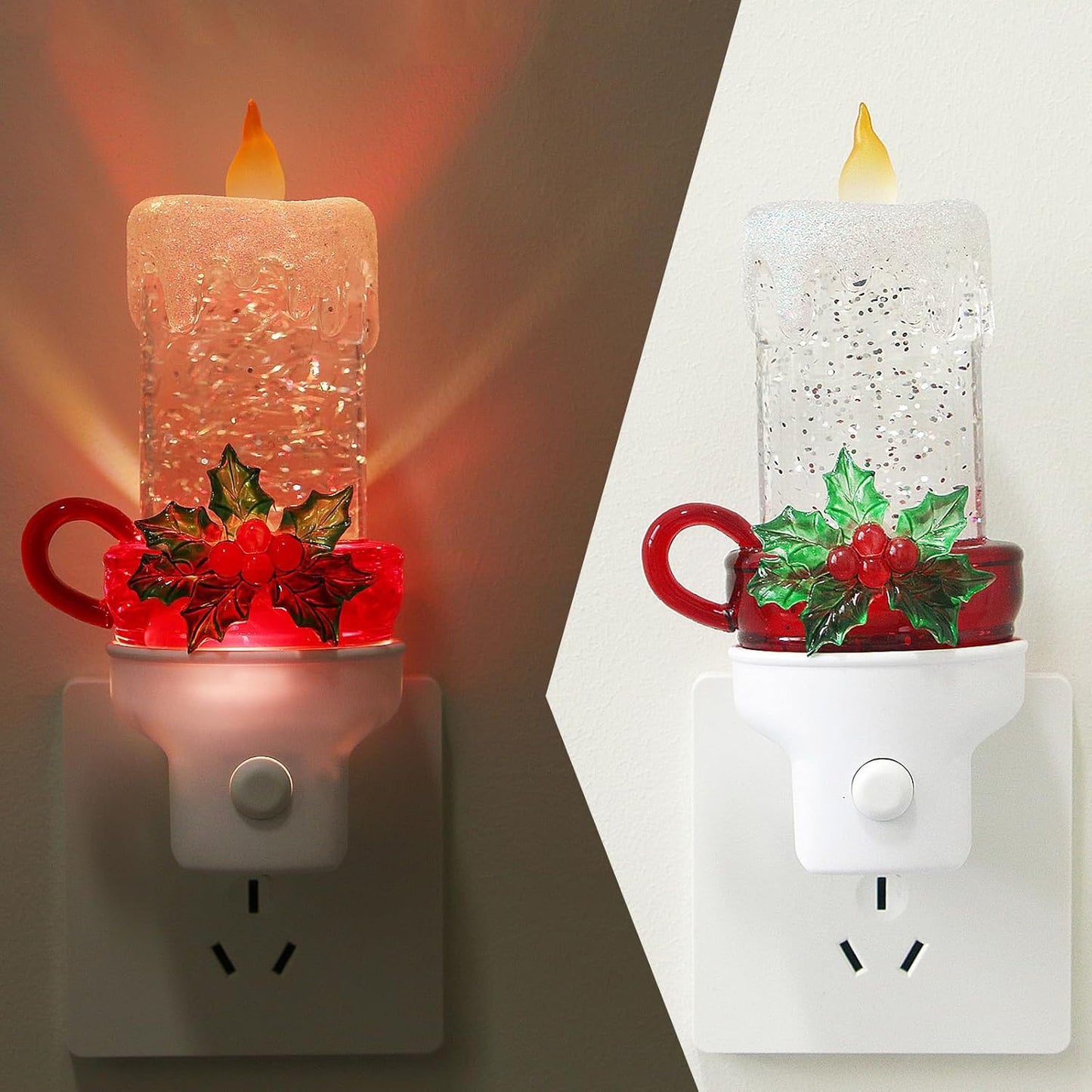 Christmas Candle Night Light Plug into Wall Swirling Glitter USB Portable Christmas Decorative Night Light Decoration for Kids Adults Bedroom Kitchen Living Room Holiday Decor (Candle)