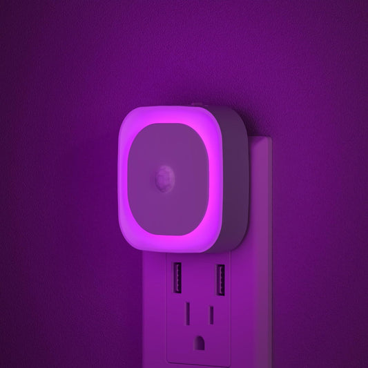 2 Pack Plug in Night Light with Motion Sensor & Dusk to Dawn Sensor, 3 Sensor Modes, Purple Night Lights Plug into Wall, Dimmable Calming Glow for Meditation, Relaxation, Bathroom, Bedroom