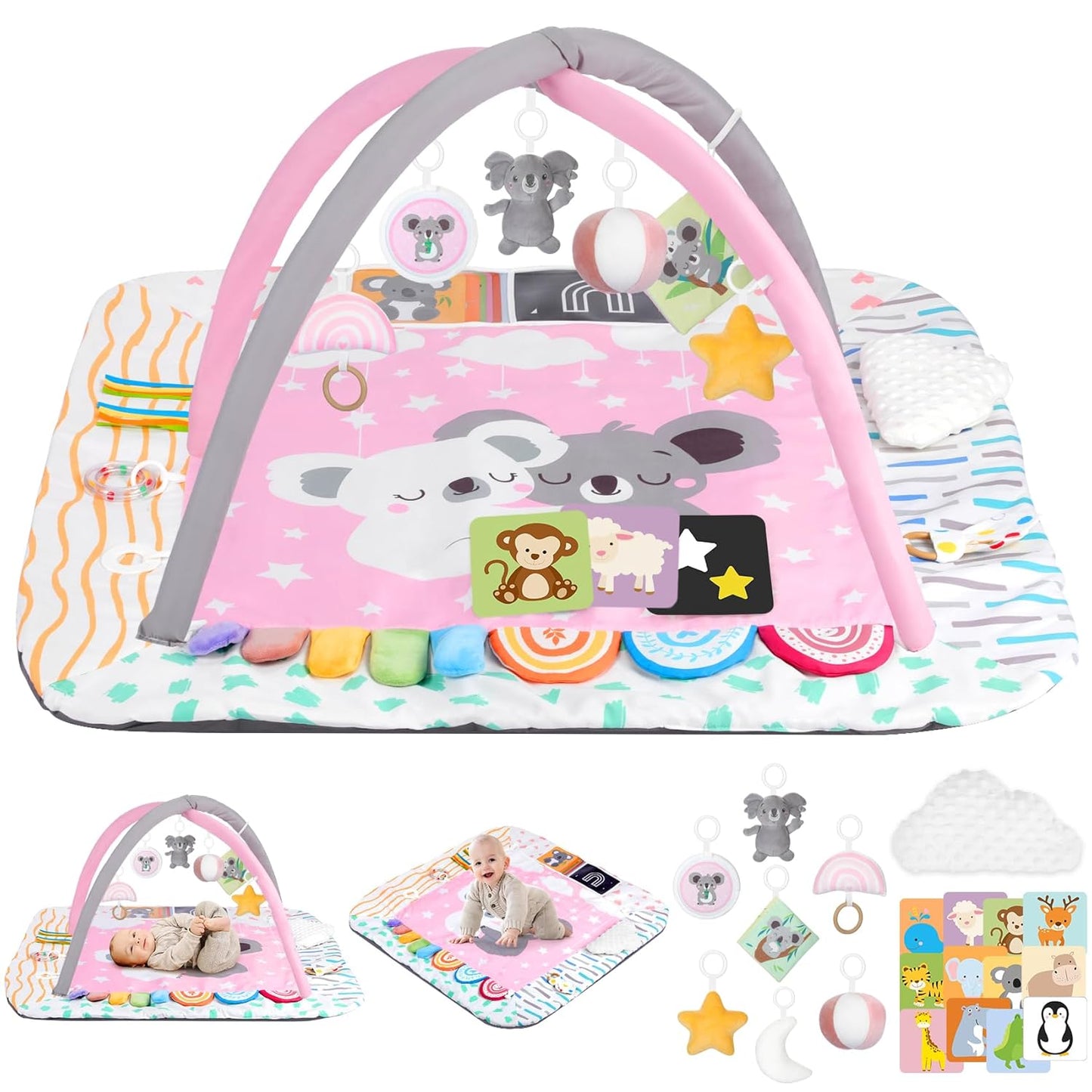 Baby Play Mat Activity Gym with Tummy Time Pillow, 6 Developmental Zones Tummy Time Mat, 6 Detachable Sensory Toys and Educational Cards, Essential Baby Shower Set, Pink Koala