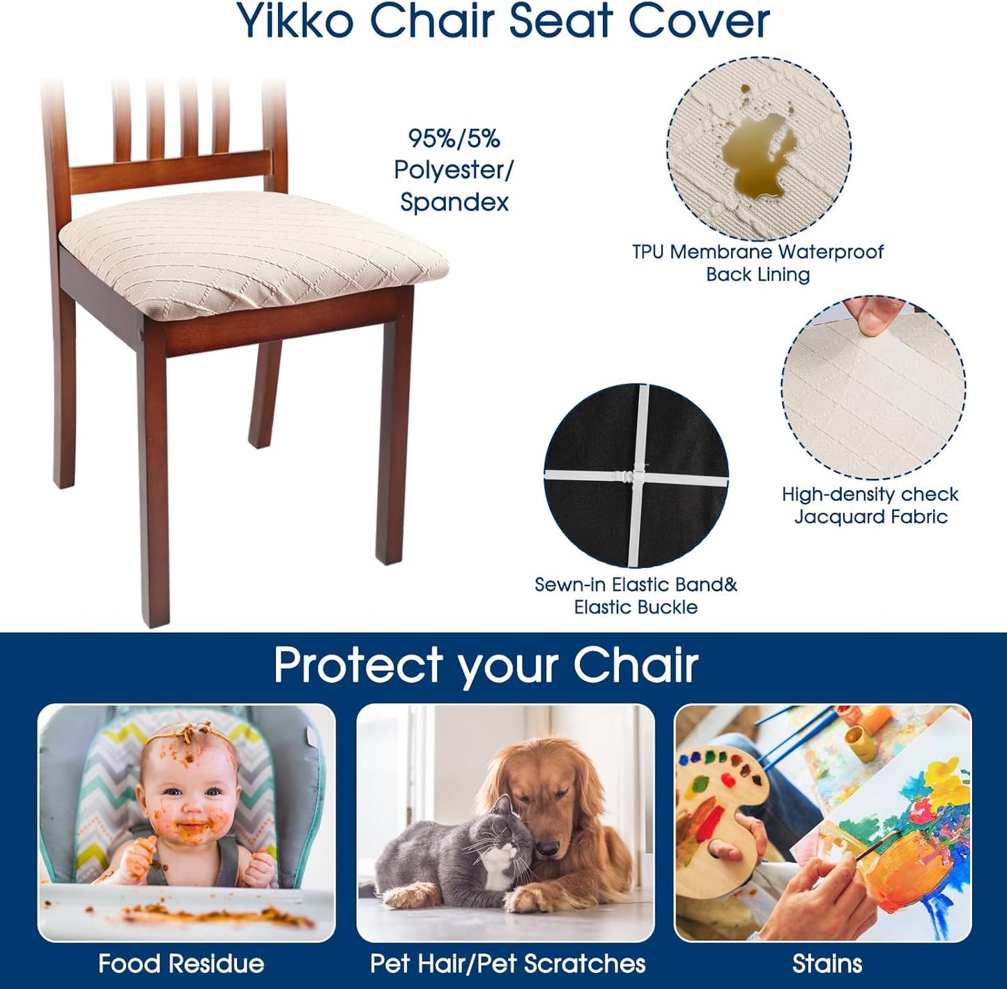 Yikko Chair Seat Covers, High-Density Check Jacquard Ekedalen Seat Covers for Dining Kitchen Restaurant Banquet, Stretch Removable Washable Chair Seat Cushion Protector (4, Beige)
