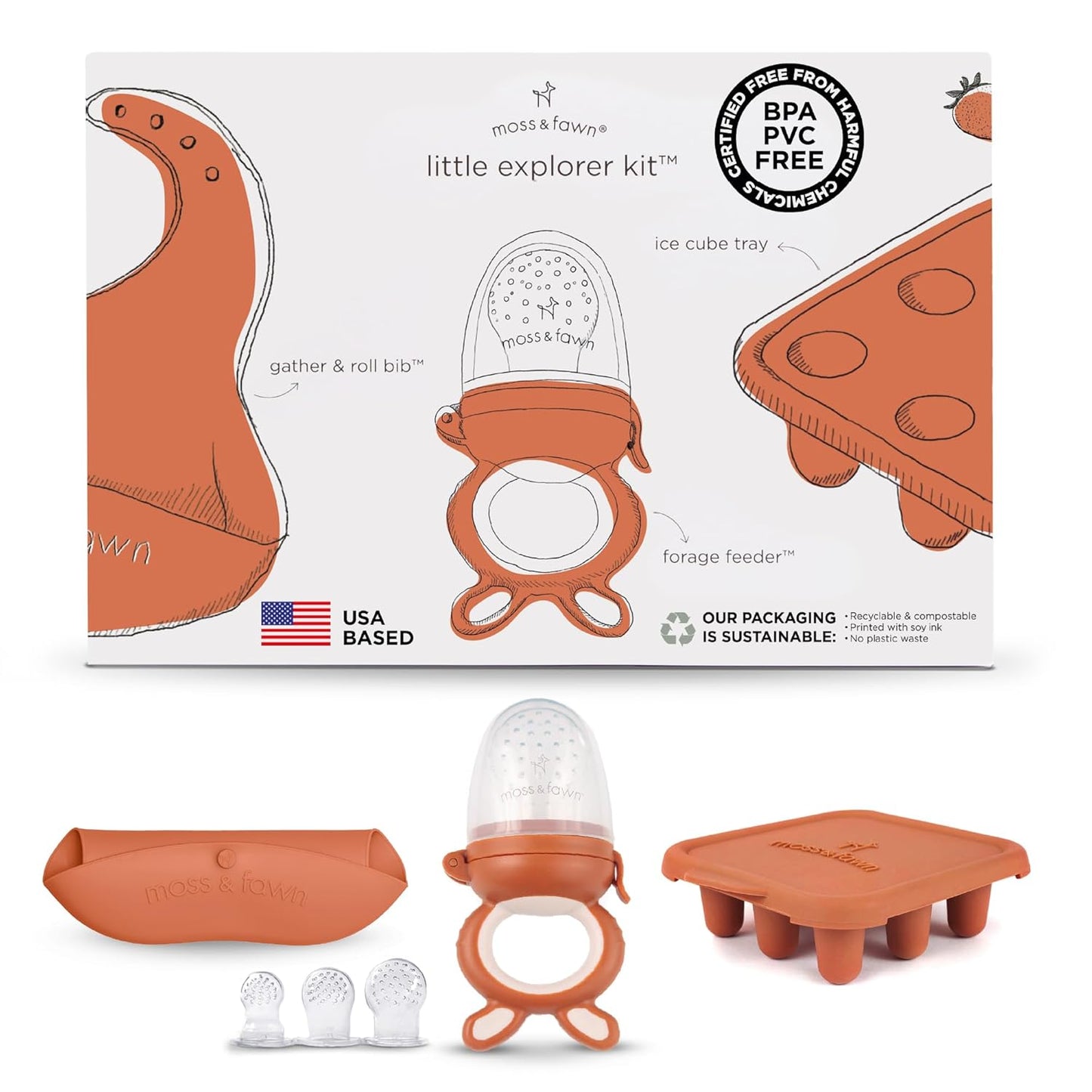 Moss and Fawn Little Explorer Kit - Silicone Frozen Breast Milk Popsicle Kit with Forage Feeder, Teething Popsicle Ice Cube Tray, & Gather & Roll Baby Feeding Bib - BPA, PVC, & Lead-Free - Terracotta