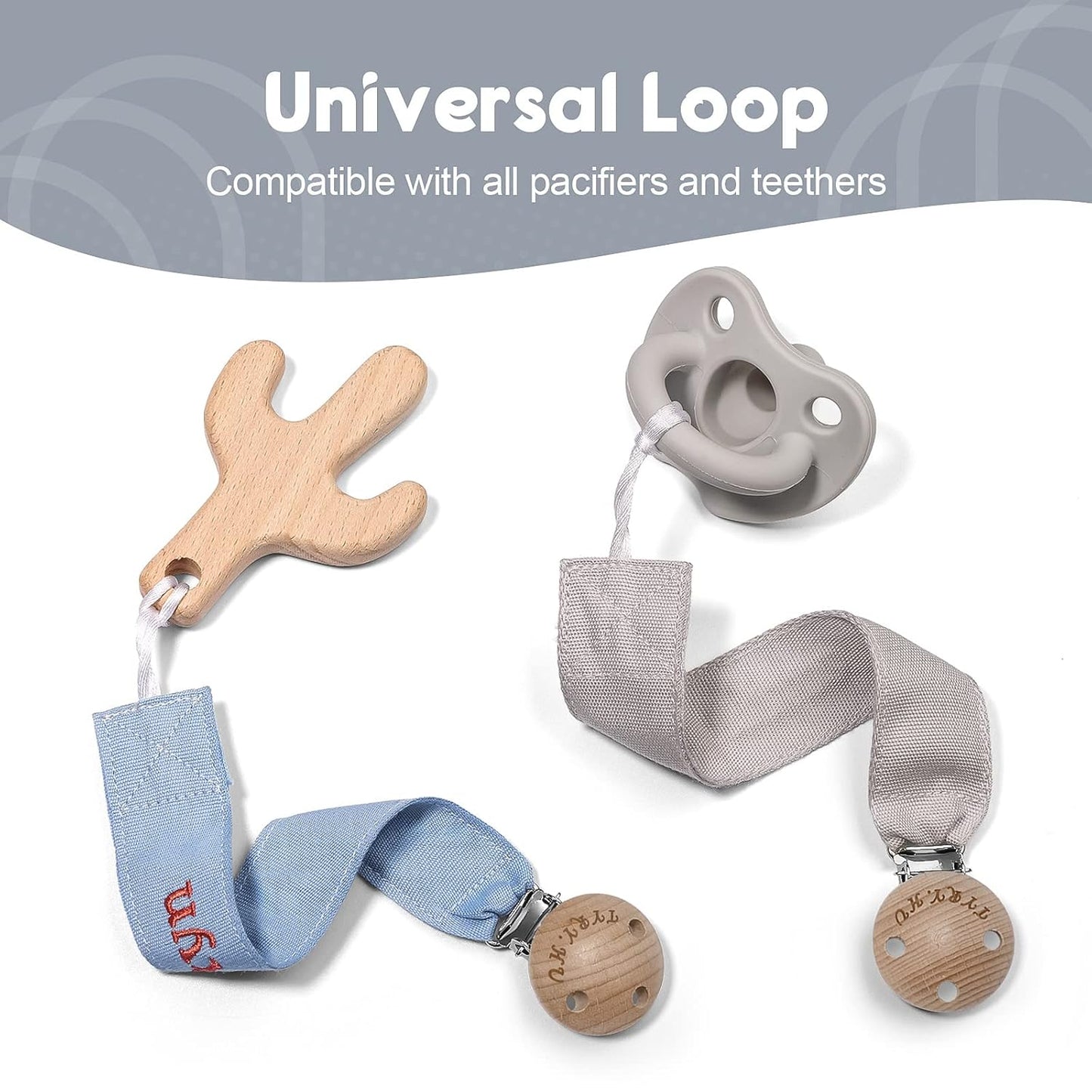 TYRY.HU Personalized Pacifier Clip with Name, Embroidery Webbing Pacifier Holder for Baby Girls and Boys, Neutral Pacifier Leash Universally Fit All Pacifiers & Baby Toys, 2 Pack Baby Gift(Grey, Blue)