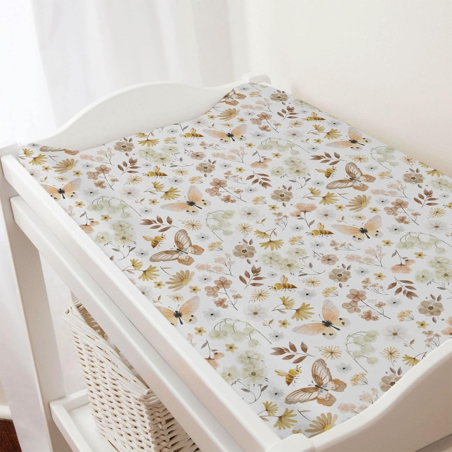 Vintage Butterflies Boho Wildflowers Baby Changing Pad Covers for Boy Girl 32''x16'' Watercolor Bees Butterflies Spring Floral Fitted Diaper Change Table Mats Soft Breathable Cradle & Bassinet Sheets