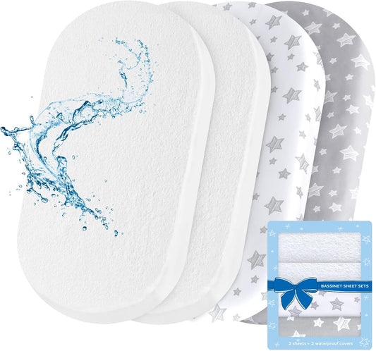 Bassinet Sheets & Waterproof Bassinet Mattress Pad Protector 4 Pack Set, Viscose Terry, Universal Fit for Oval, Hourglass and Rectangular Mattress, Grey & White
