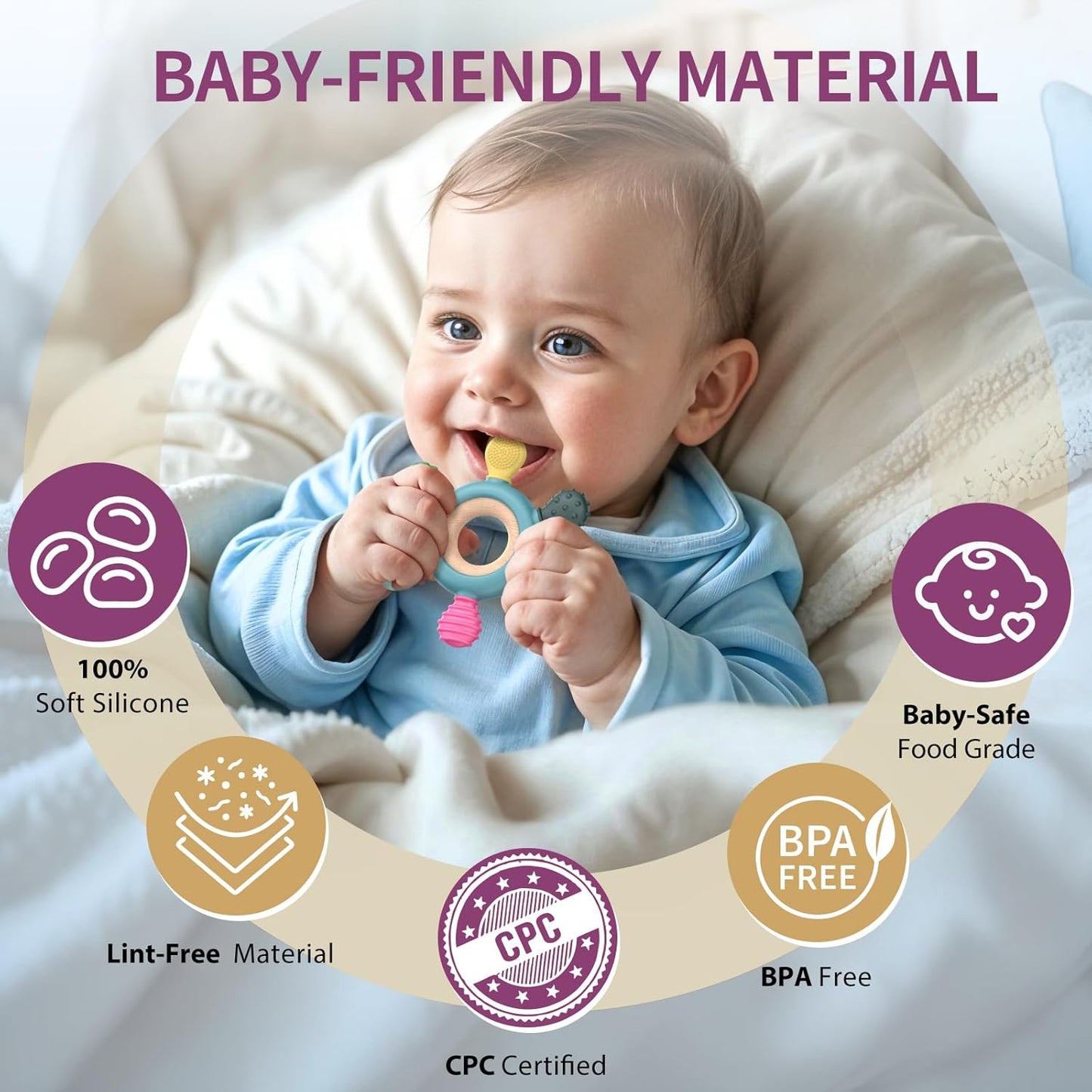 akolik Teething Toys for Babies, Baby Teethers Toy Teething Ring Silicone, Grasping Teething Toy, BPA Free Teething Newborn Accessories for Baby 0 3 6 9 12 18 Months (Blue B)