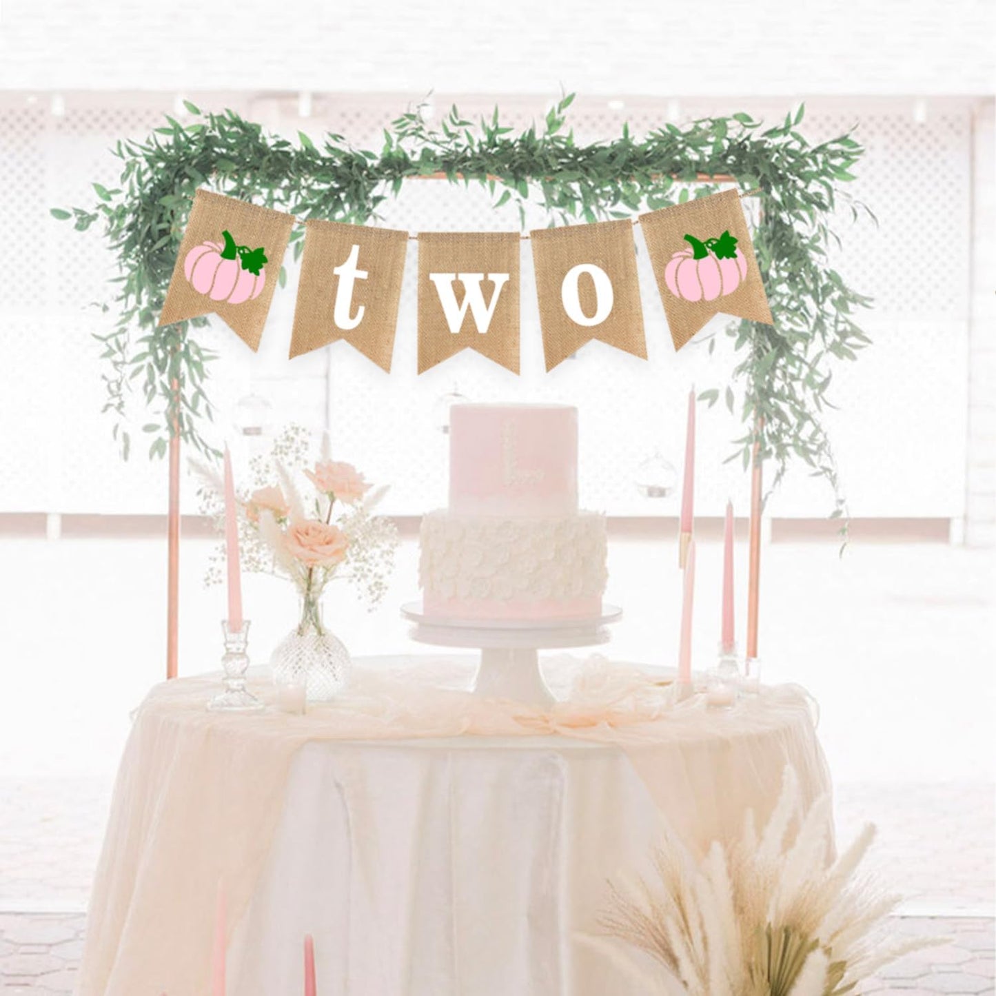 Two Pumpkin Banner 2nd Birthday Party Decoration Little Pumpkin Fall Autumn Second Birthday Highchair Burlap Garlands Pink