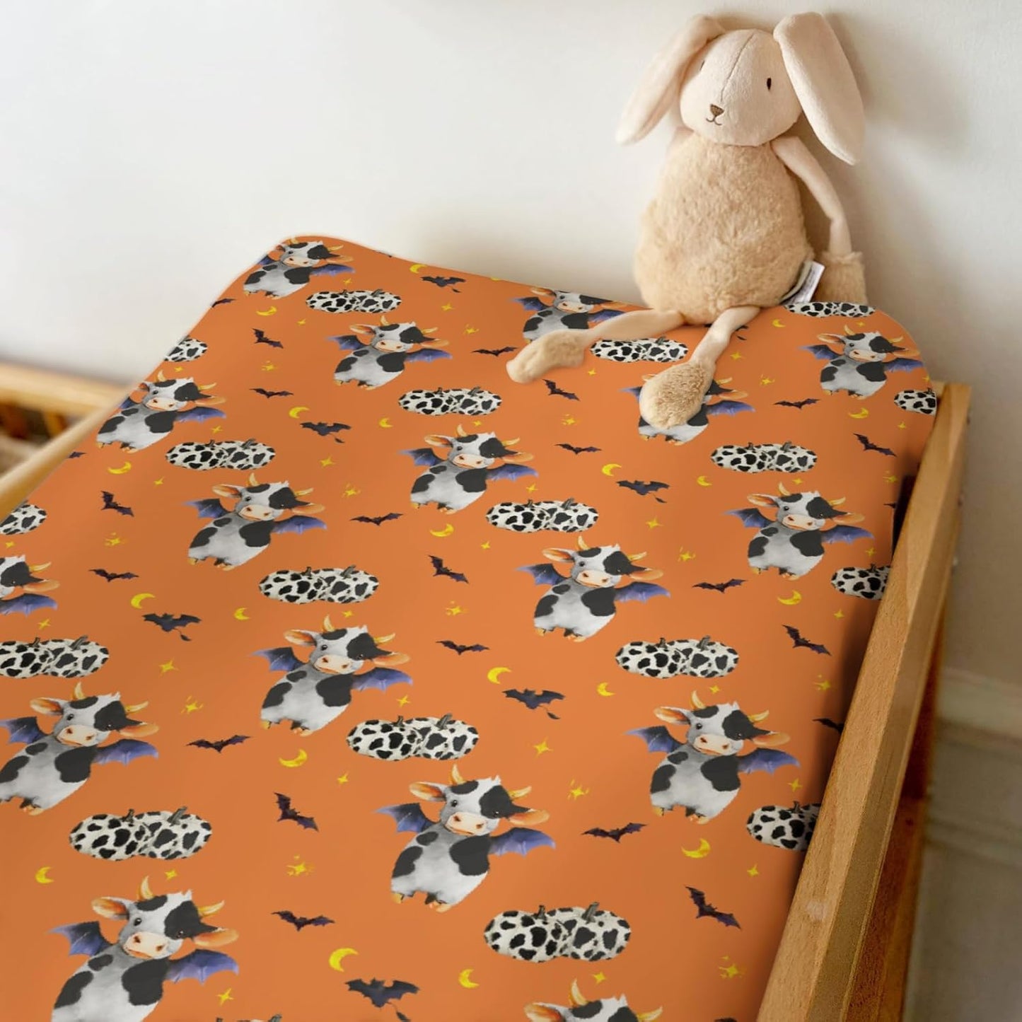 Halloween Cow Bats Pumpkins Baby Changing Pad Covers for Boy Girl Cute Cows Moon Stars Fitted Change Table Pad Covers Mats Spooky Farm Animal Soft Diaper Change Table Cover Sheets 32''×16'' Orange
