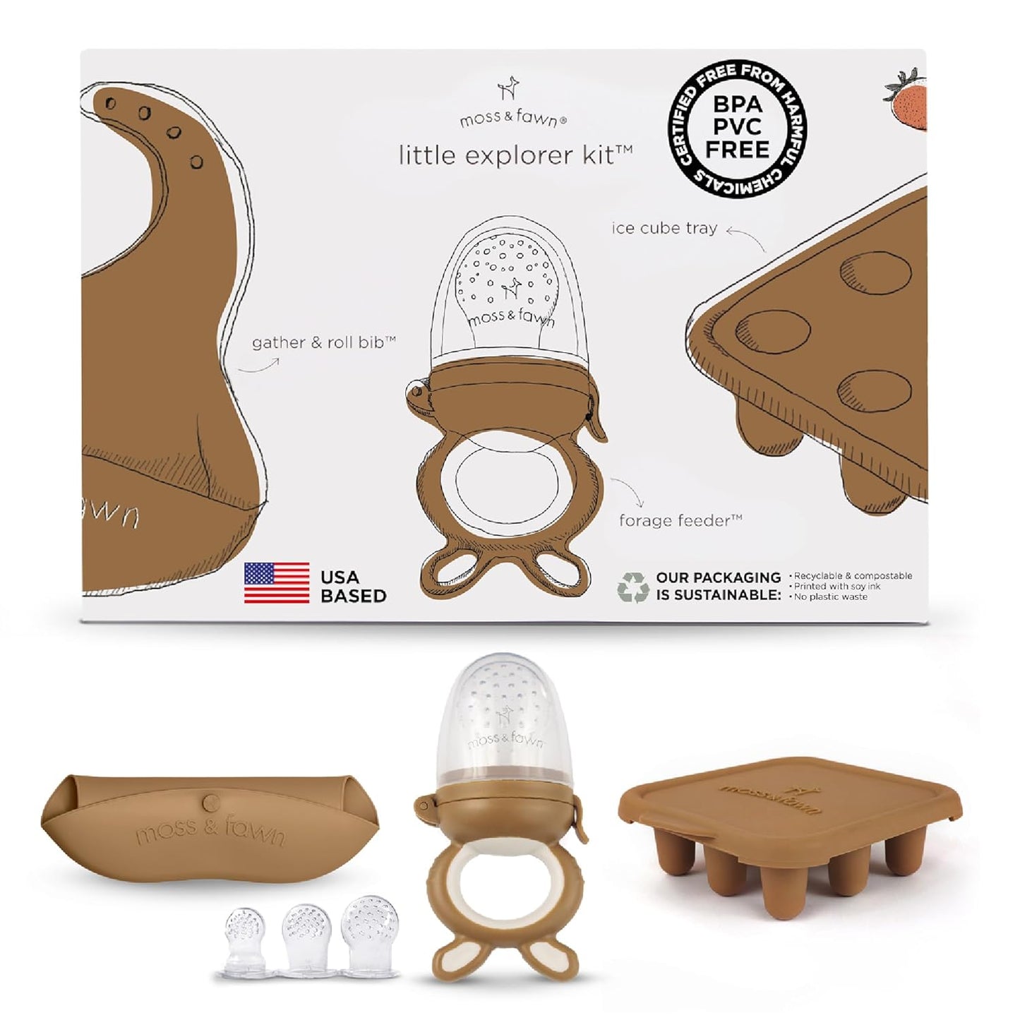 Moss and Fawn Little Explorer Kit - Silicone Frozen Breast Milk Popsicle Kit with Forage Feeder, Teething Popsicle Ice Cube Tray, & Gather & Roll Baby Feeding Bib - BPA, PVC, & Lead-Free - Foliage