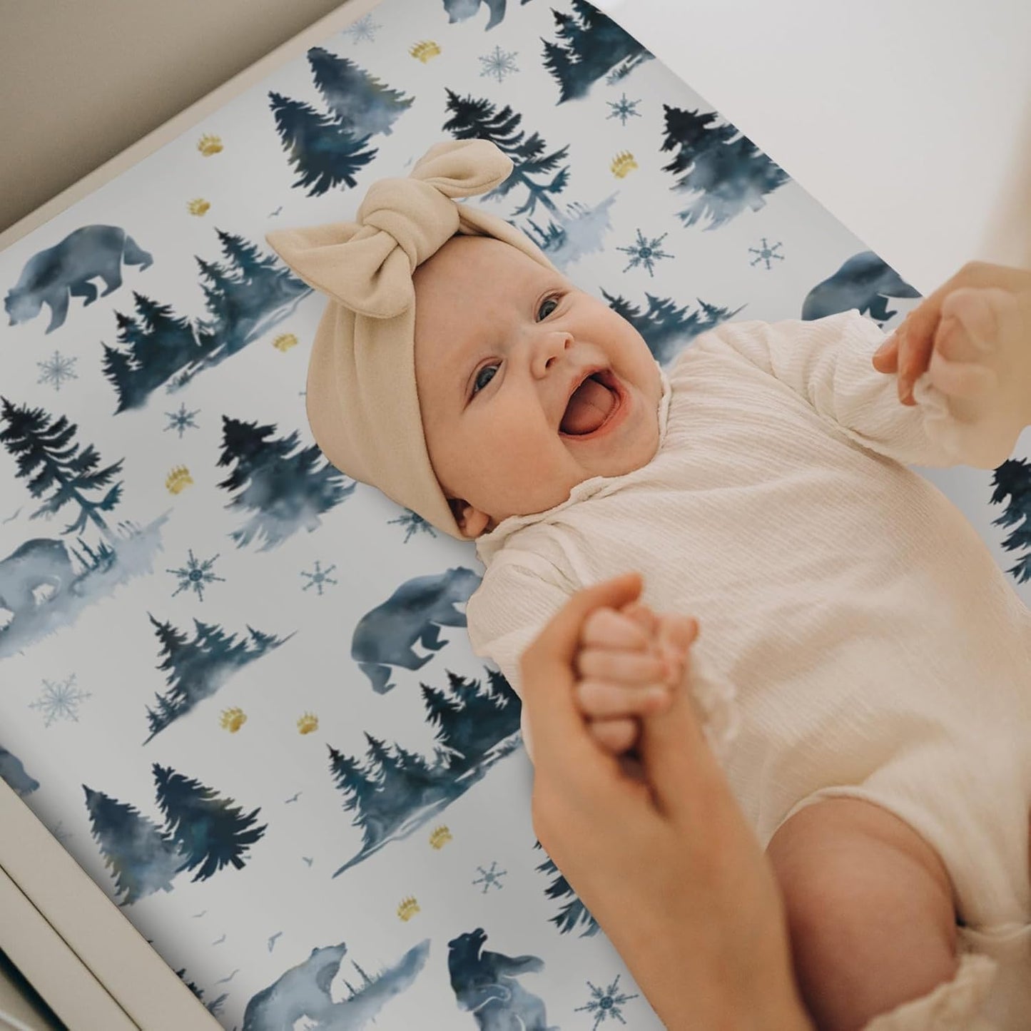 Watercolor Bear Winter Changing Pad Covers for Baby Girls Boys Pastel Bear Pine Trees Snowflakes Tracks Fitted Change Table Pad Mats Wild Animals Adventure Soft Diaper Changing Pad Sheets 32''×16''