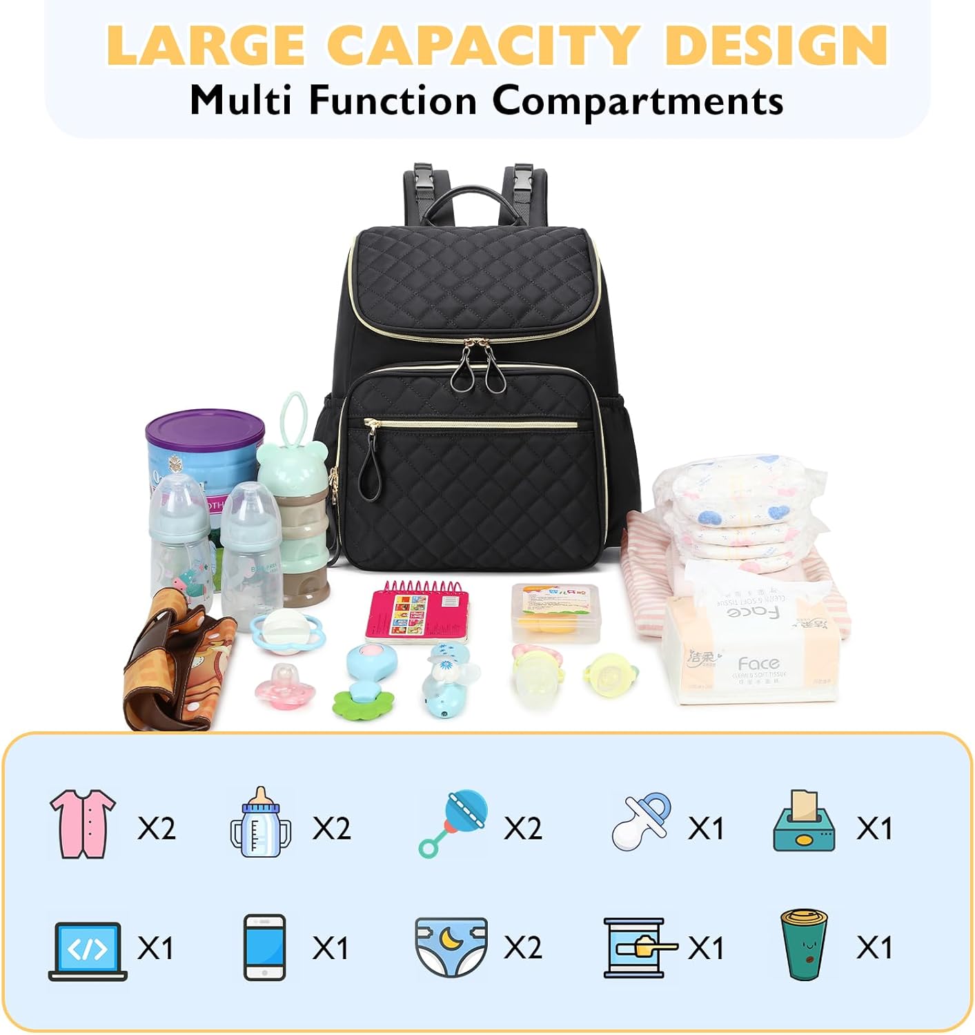 Large Capacity Diaper Bag Backpack with Stroller Buckle, Water-Resistant Travel Baby Bag with Insulated Pockets (Classic, Black-gold)