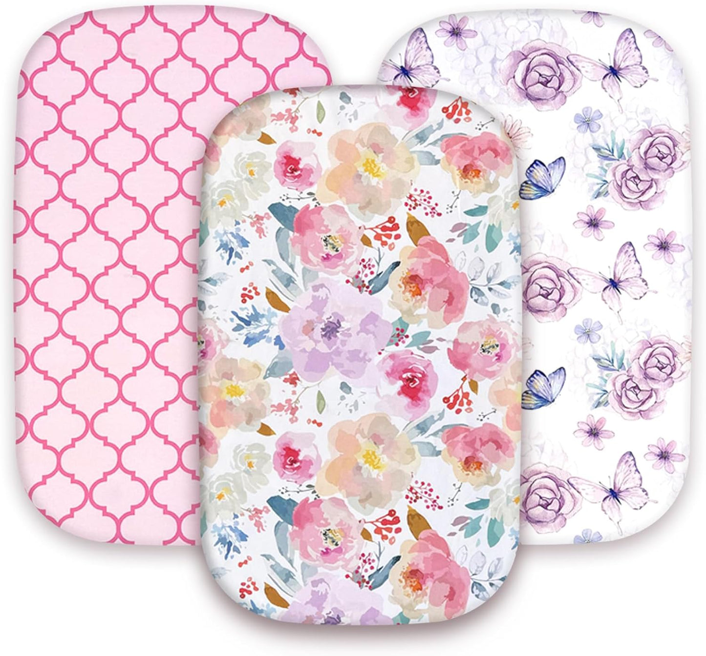 AMROSE 3 Pack Bassinet Sheets 33" x 20" Compatible with Mika Micky, Baby Delight, Dream On Me, AMKE and Other Rectangle Bassinet Mattress, Soft and Skin-Friendly, Happy Garden