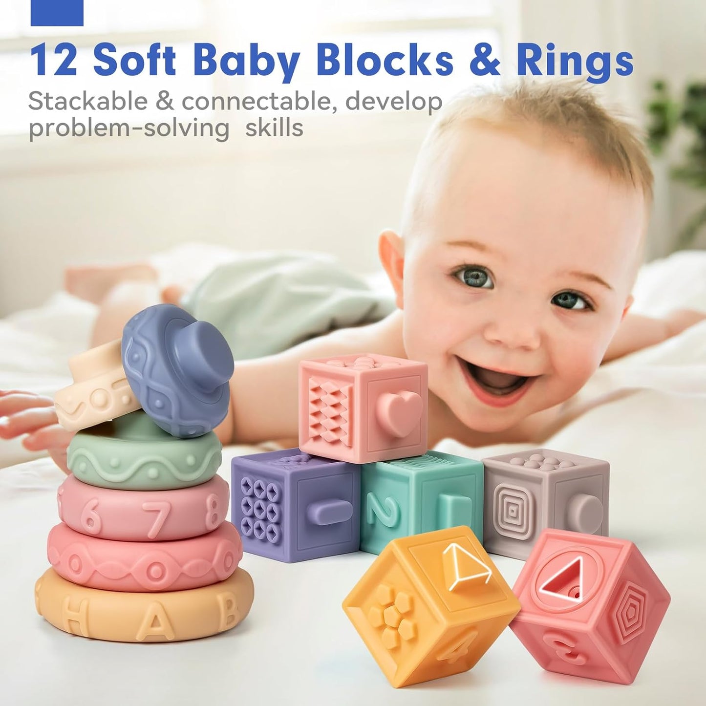 SpringFlower 3 in 1 Montessori Toys for Babies 0-3-6-12 Months, Rattle Teether & Baby Blocks & Soft Stacking Rings, Sensory Developmental Education Toys,Gift for Toddler Baby 0-3-6-12-18 Months