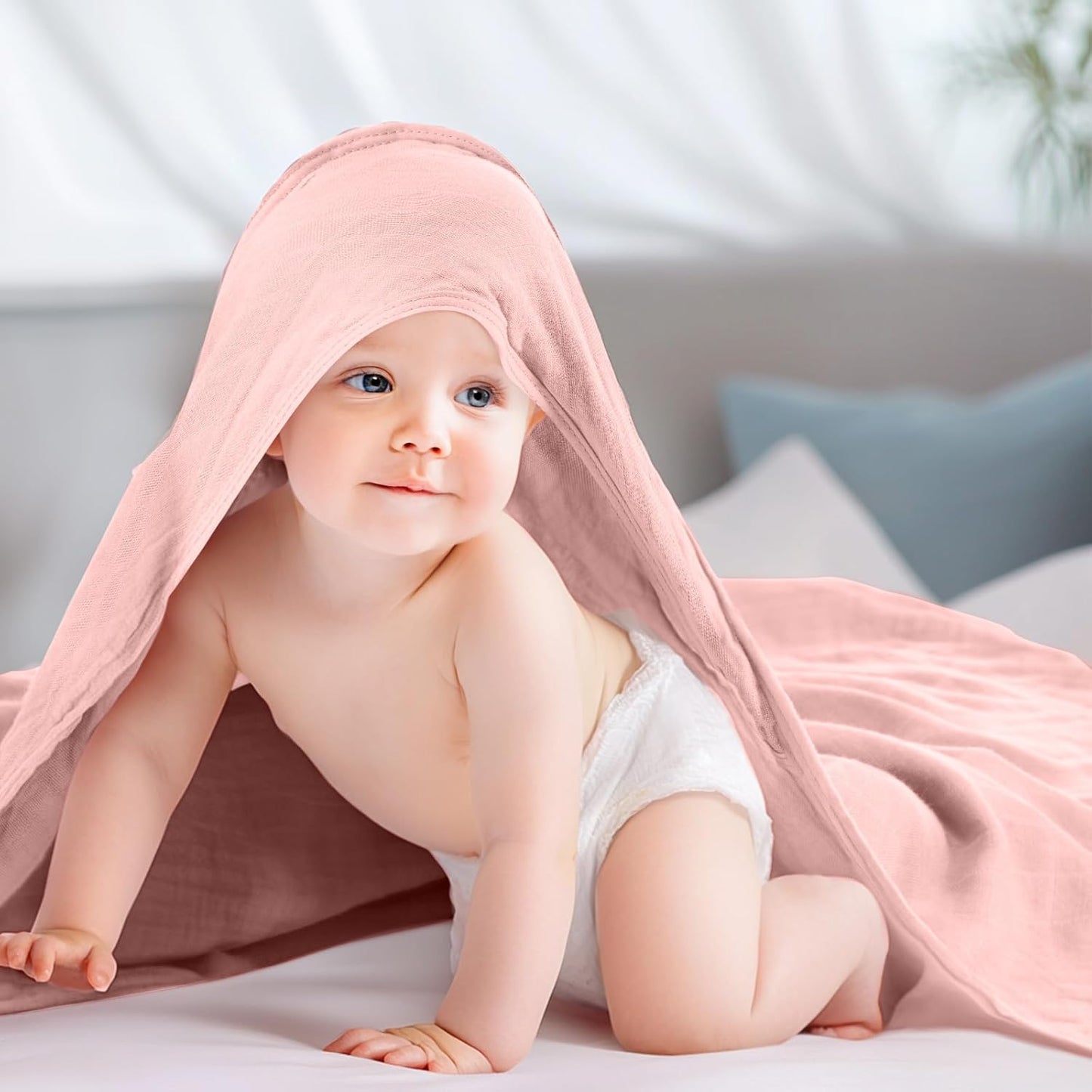 Preboun 6 Pcs Muslin Hooded Baby Towels and Washcloths 32"x 32" Cotton Newborn Bath Towel Anti-Shrink Infant Baby Blankets with Hood 12"x 12" Washcloths for Girl Boy Toddler(Ivory,Pink)