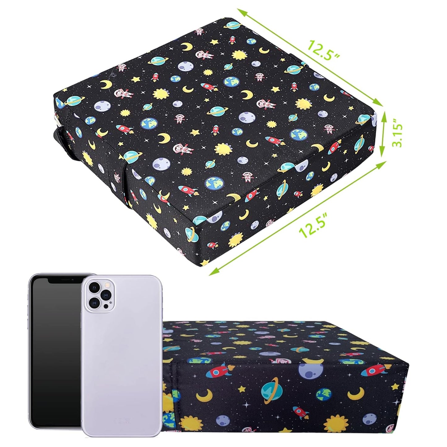 Taeku Booster Seat for Dining Table, Portable Kids Toddler Booster Chair Increasing Cushion Cartoon Seat Pad with 2 Safety Buckles for Kitchen Restaurant (Planet Black)