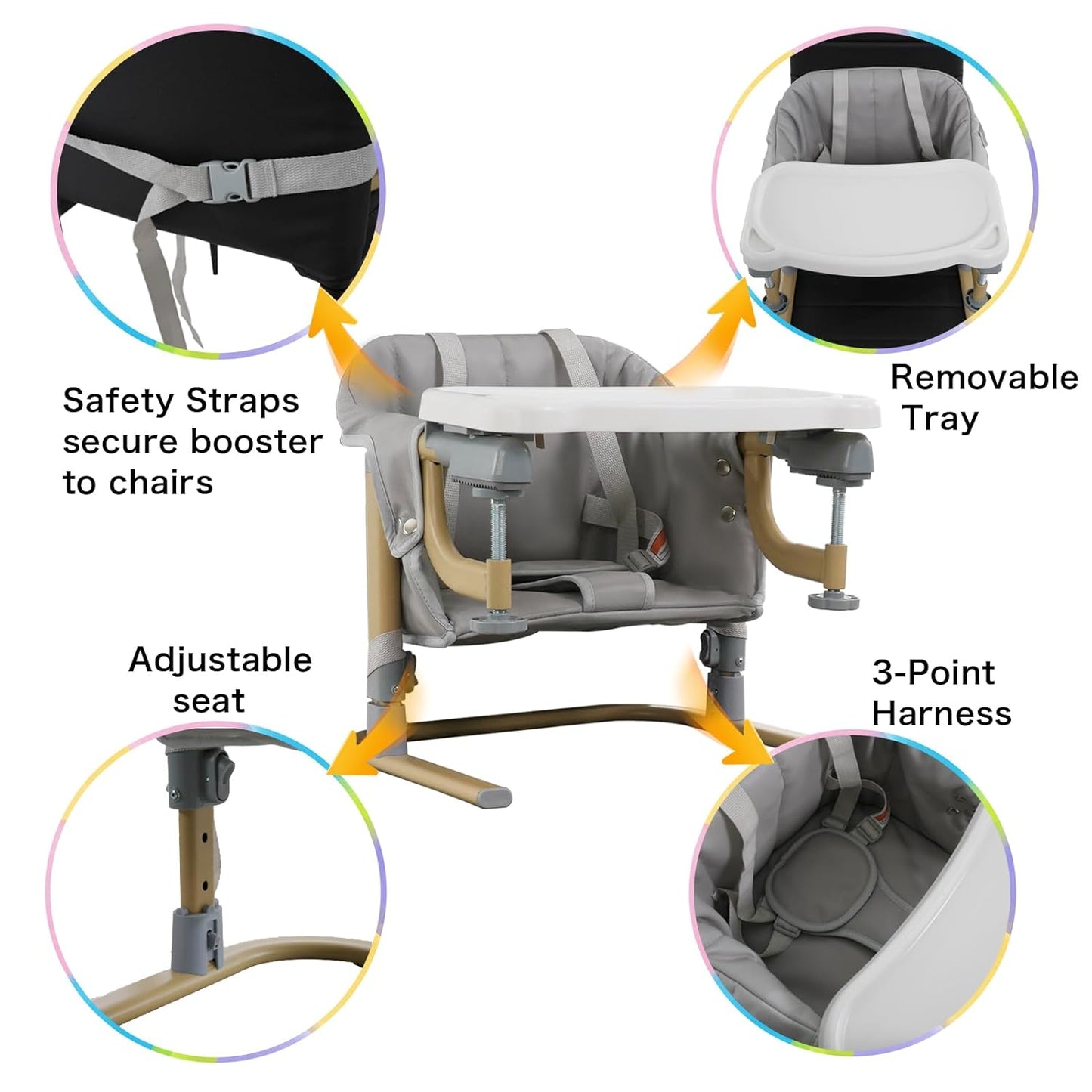 Baby Booster Seat for Table, Toddler Hook On High Chair with Tray, Adjustable Height Foldable Baby Feeding Chair with Carry Bag, for Kitchen Home Travel, Gray