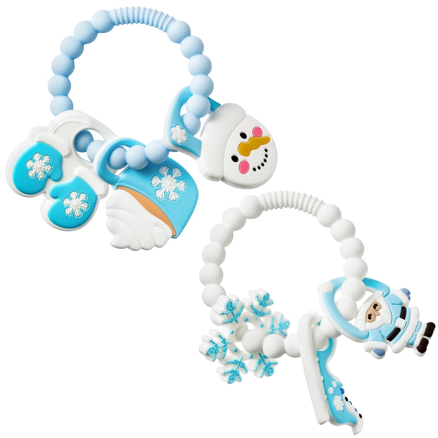 2Pcs Christmas Baby Silicone Teething Toys - Santa and Sleigh Ring, Soft Snowman Snowflake Teether for Toddlers - Chew Toy Gifts for Baby Boys and Girls