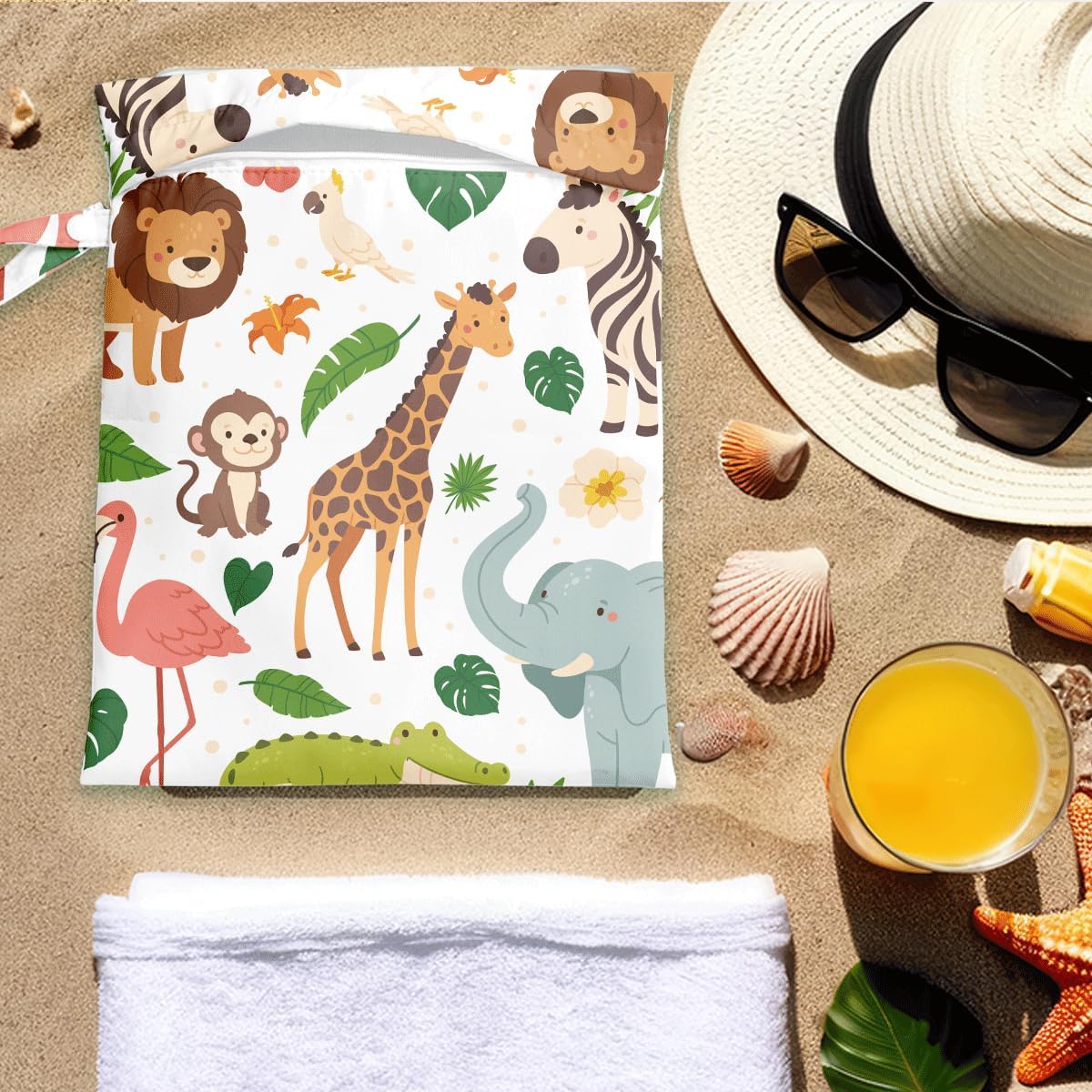Wet Bag for Swimsuit Travel Pool Baby Cloth Diapers Dirty Yoga Gym Clothes Beach Bags Summer Gifts for Women Men Beach Vacation Essentials Jungle Animals Waterproof Wet Dry Bag Travel Laundry Bags