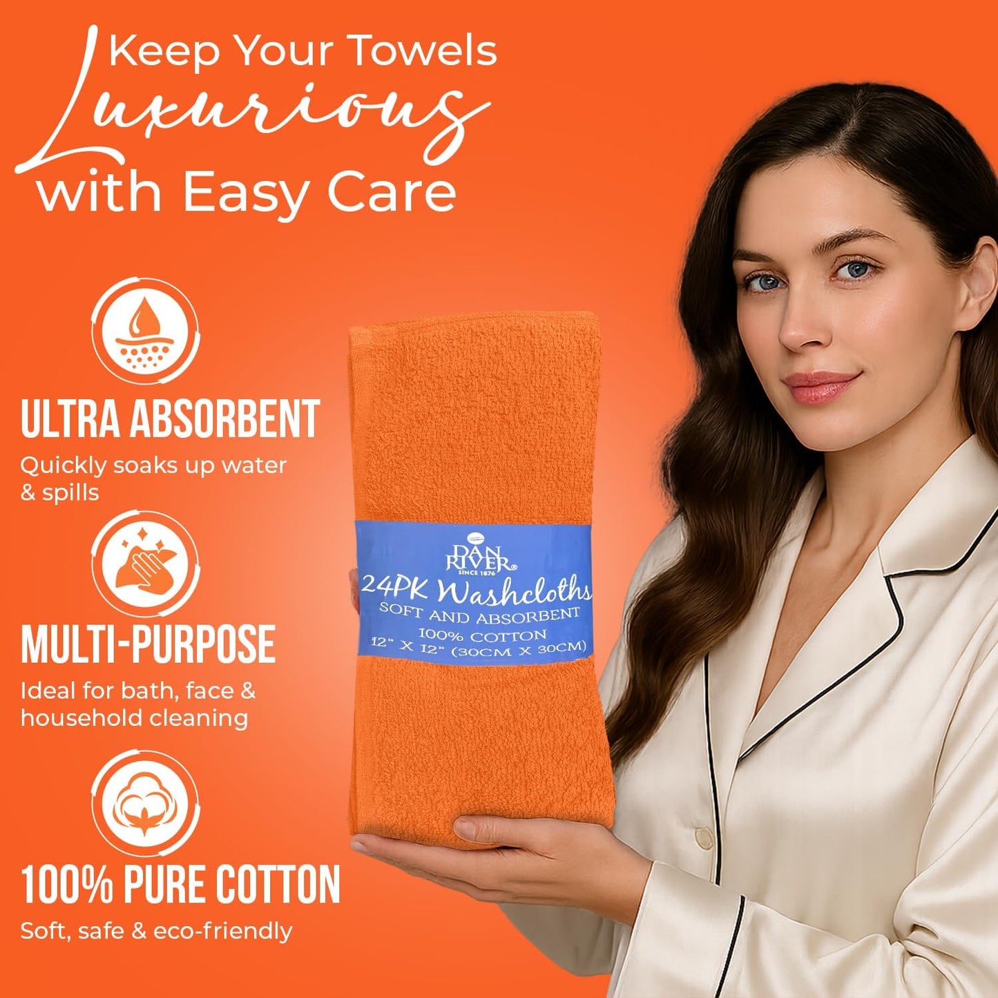 DAN RIVER 100% Cotton Wash Cloths 24 Pack [12x12] Soft & Absorbent washcloths for face, Gym, Hotels & Spa Perfect for Everyday Use Fingertip Towels, Orange