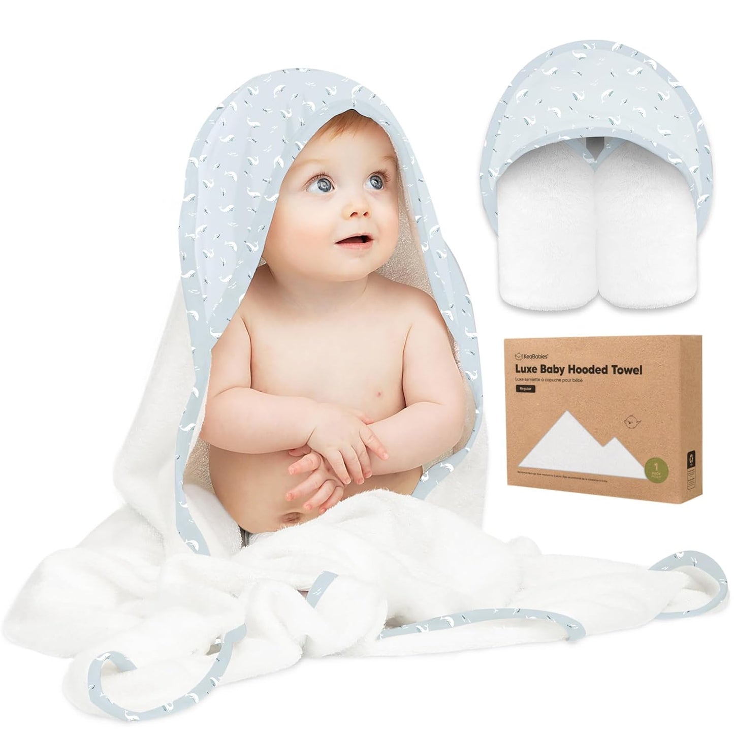 KeaBabies Hooded Baby Towel for Newborn - Viscose Derived from Bamboo Large Baby Bath Towels with Hood for Boys, Girls, Toddler, Extra Absorbent & Soft Newborn Bath Essentials (Blue Whale, Regular)