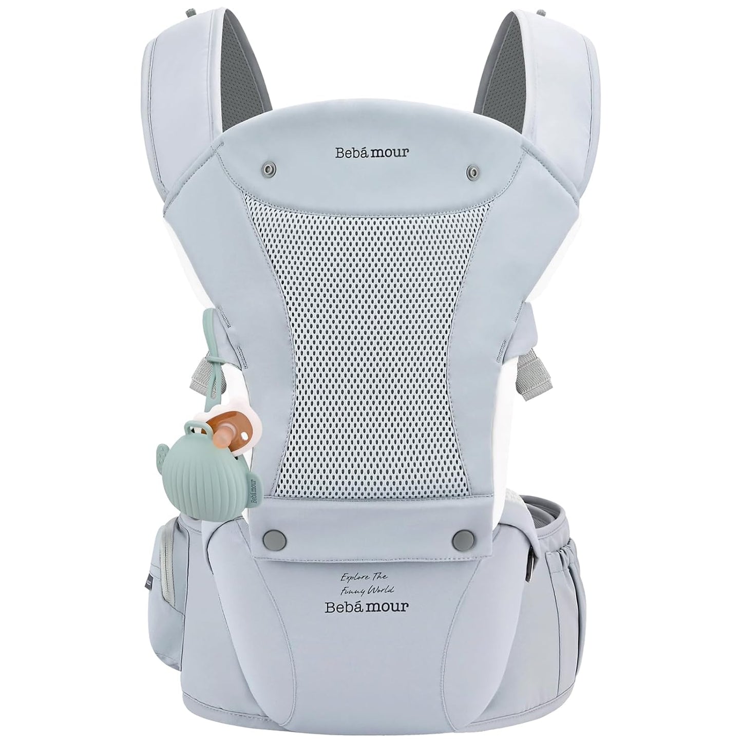 Bebamour Baby Carrier with Hip Seat,All-Position Breathable Mesh Hip Seat & Carrier 0-36Months with Head Hood, 3 PCS Teething Pads, Waist Extender,Storage Bag & Pacifier Case (Blue)