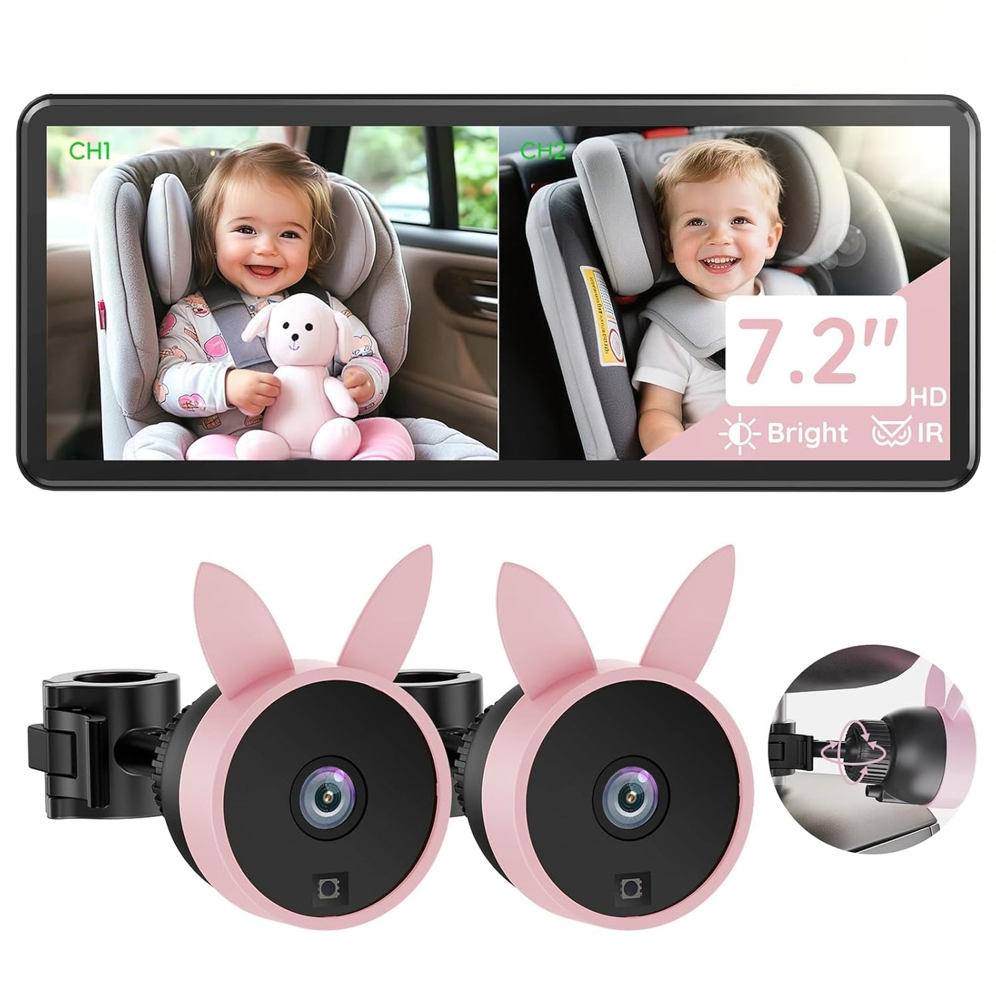 Babyvue BV3PRO 7.2" 1080P HD Dual Camera Car Baby Monitor for 2 Kids, IR Night Vision, Easy Installation, Brightness Adjustment, Car Seat Camera, Ideal Gift for Girls and Pets Monitoring