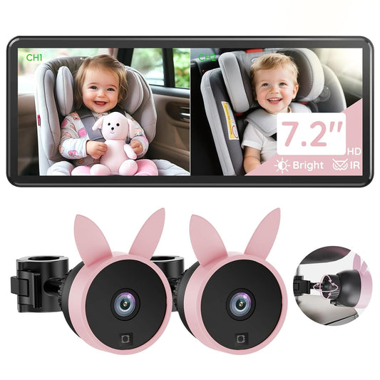 Babyvue BV3PRO 7.2" 1080P HD Dual Camera Car Baby Monitor for 2 Kids, IR Night Vision, Easy Installation, Brightness Adjustment, Car Seat Camera, Ideal Gift for Girls and Pets Monitoring