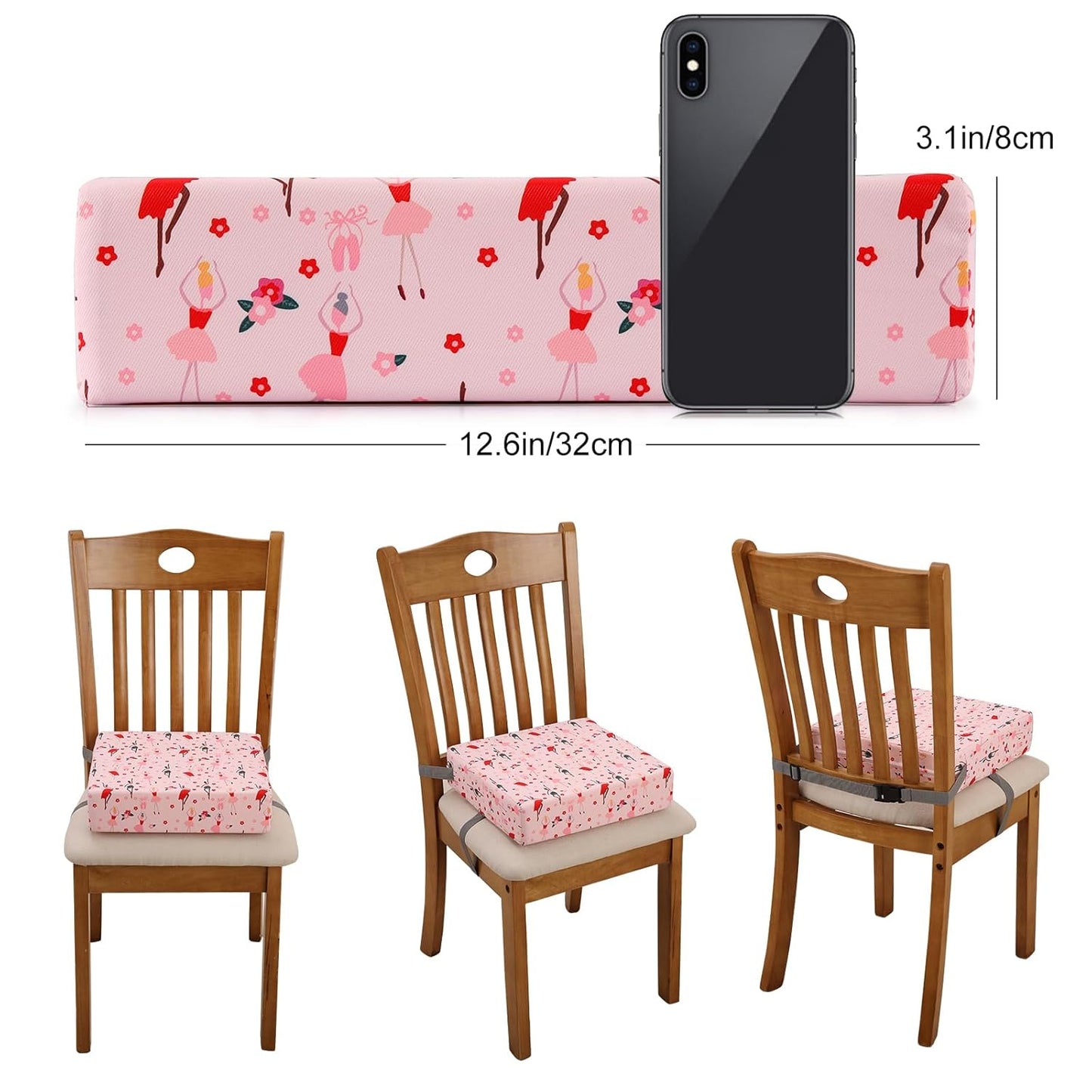 Zicac Portable Toddler Booster Seat for Dining Table, Safer Non-Slip Kids Booster Seat with Double Adjustable Straps, Washable Detachable Strong Support Increasing Cushion for Child (Pink)