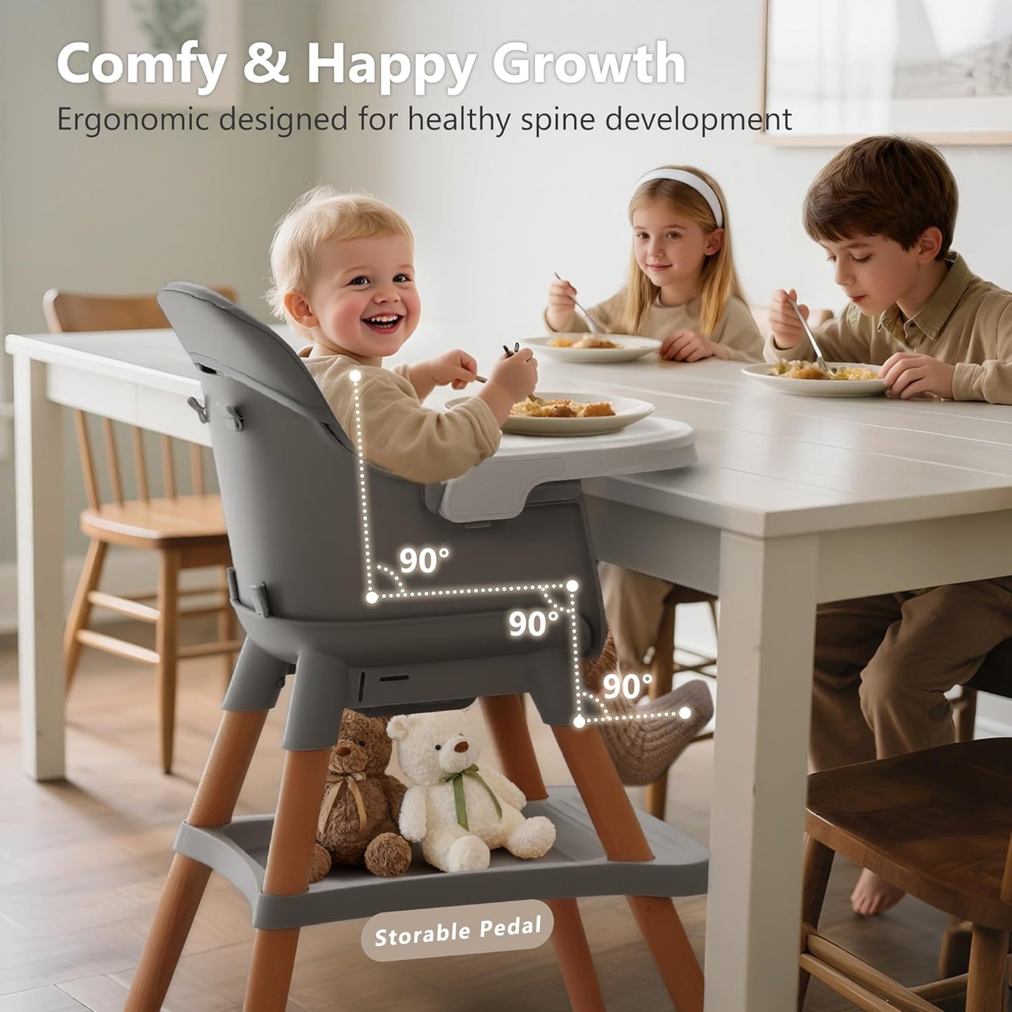 Kinder King 7 in 1 Baby High Chair for Babies and Toddlers with Large Storage Footrest, Booster Seat, Convertible Wooden High Chair with 3-Depth Double Dishwasher Safe Tray, 5 Point Harness, Gray