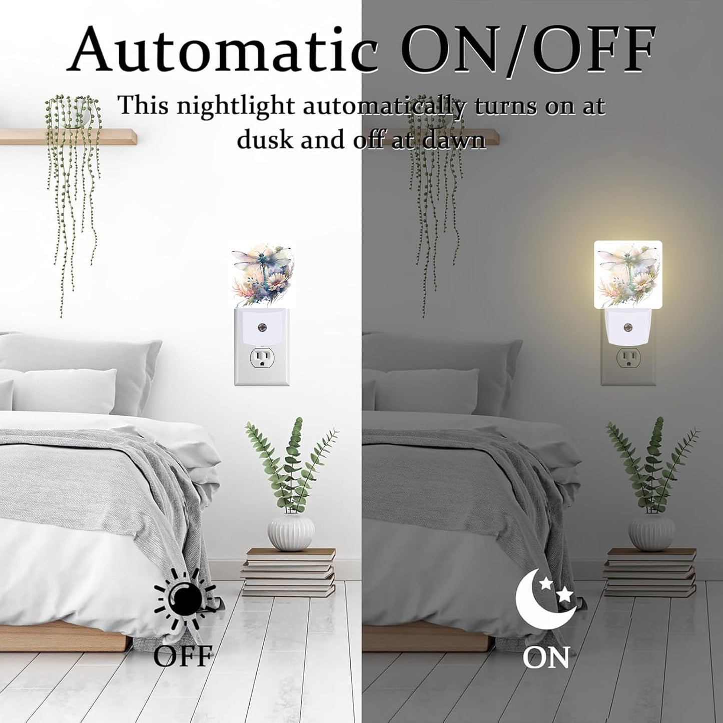 Watercolor Dragonfly Flowers Night Light, Vintage Insect Botanical Floral Leaves Dusk to Dawn Night Light Plug in,0.5w Energy Saving Sleep Friendly NightLight for Kids Boys Girls Home Decor