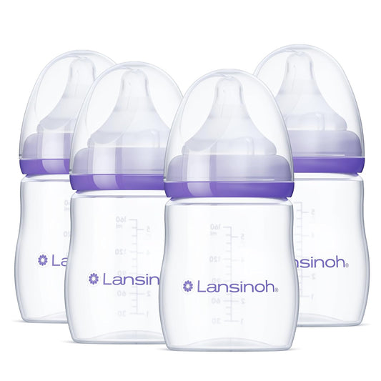 Lansinoh Anti-Colic Baby Bottles for Breastfeeding Babies, 5 Ounces, 4 Count, Includes 4 Extra Slow Flow Nipples, Size XS