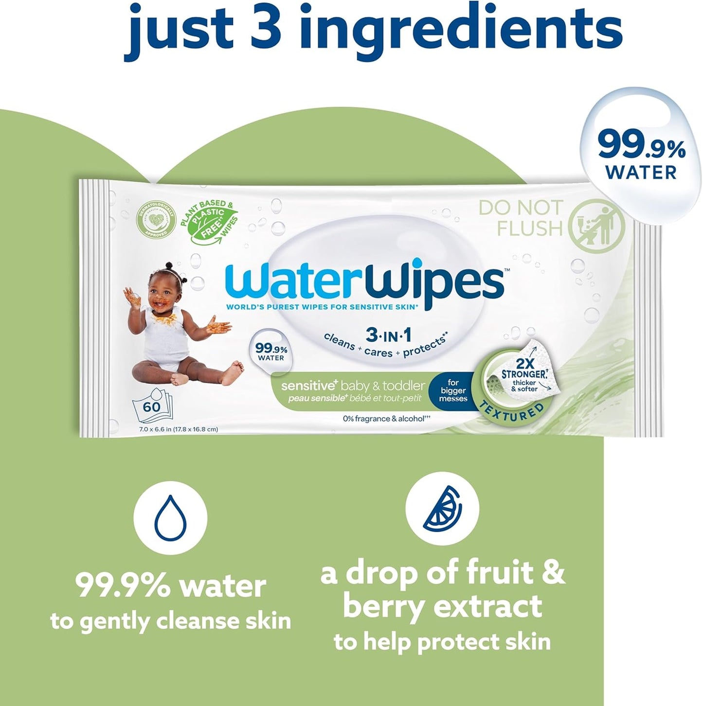 WaterWipes Sensitive+ Baby & Toddler Wipes, 3-In-1 Cleans, Cares, Protects, 99.9% Water, Textured Clean, Unscented & Hypoallergenic, 1080 Count (18 Packs)