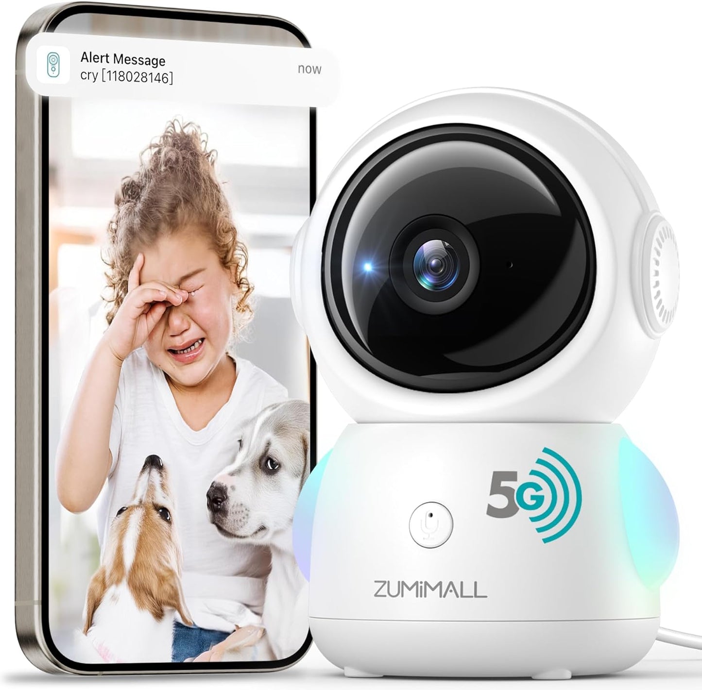 ZUMIMALL Security Camera Indoor, 5G/2.4G WiFi Baby Monitor with Camera and Audio, 2K Wired Pet Cameras for Home Security, One-Click Call, Auto Tracking, Cry/PIR/AI Detection, Alexa/ONVIF/Cloud
